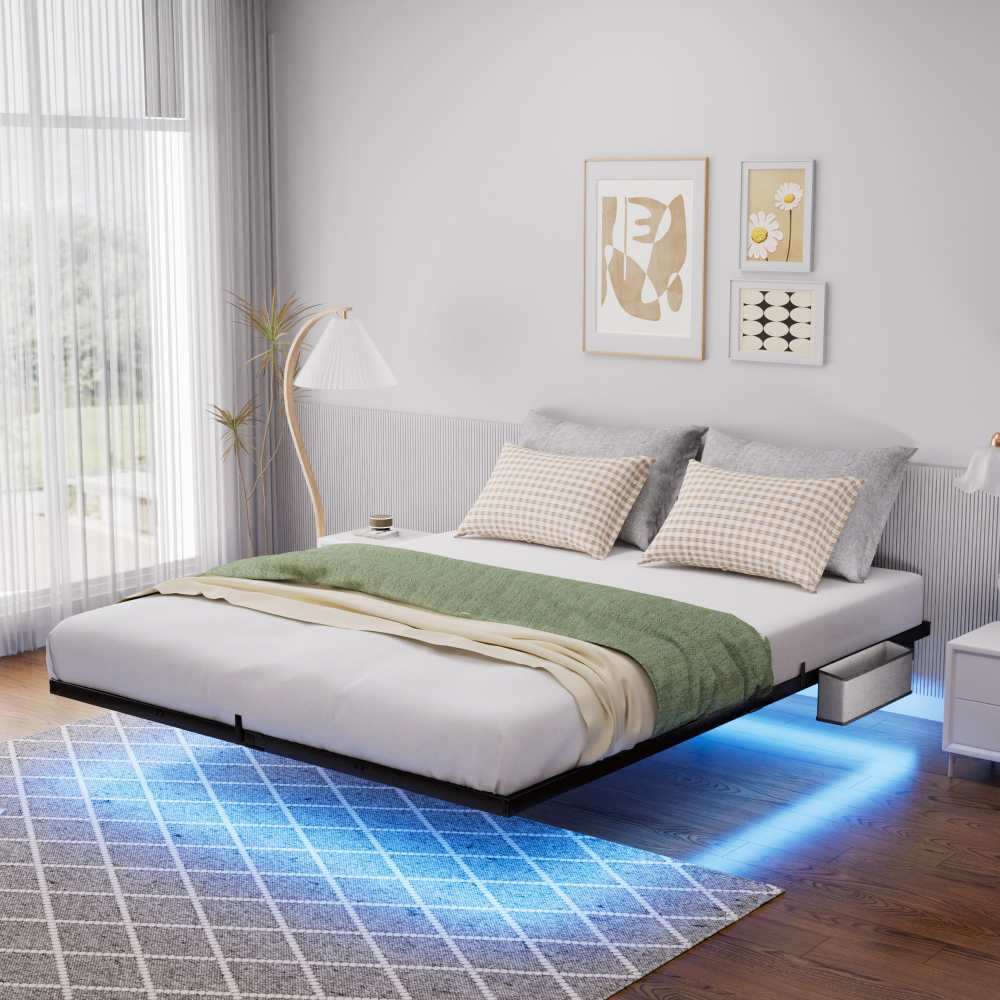 Łóżko pływające z oświetleniem LED, 140x200 cm, z solidną metalową ramą, podstawą z listew, stacją ładującą i wbudowaną przestrzenią do przechowywania