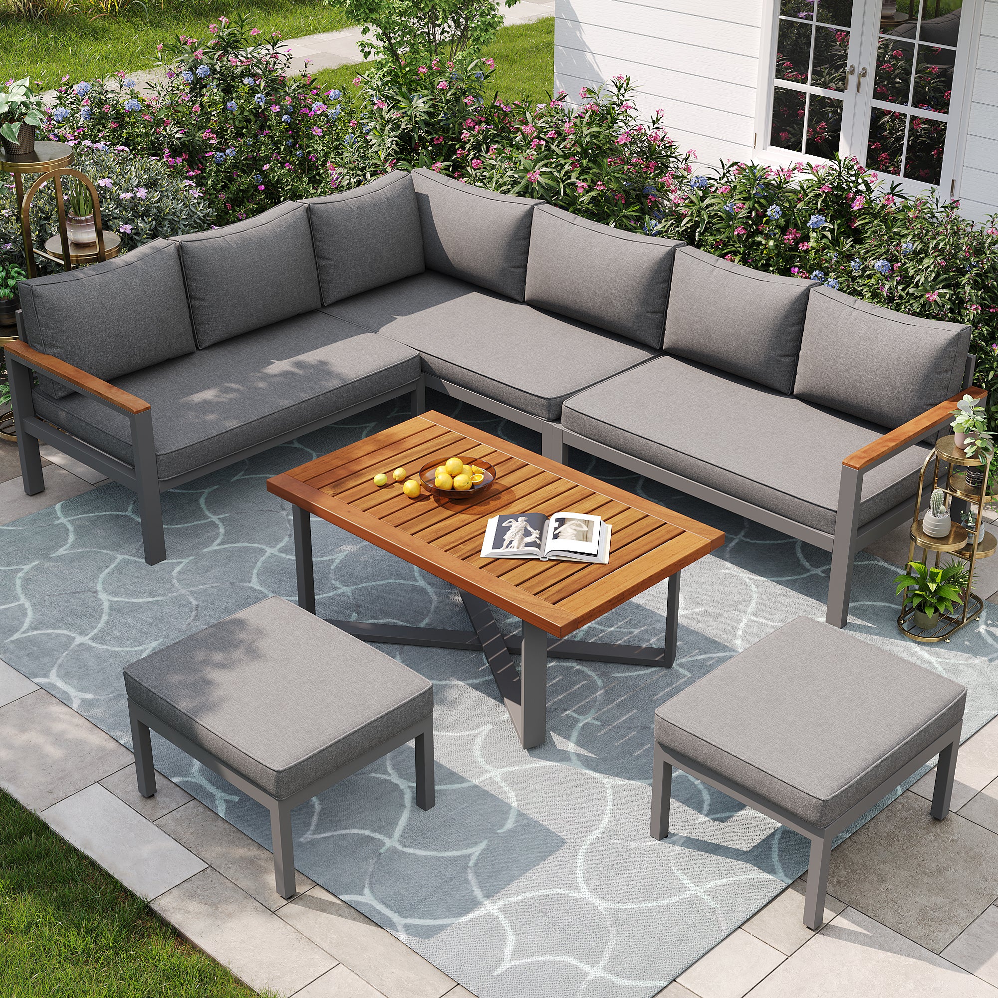 Mobiliario de jardín modular en hierro galvanizado: 3 sofás de 2 plazas + 2 bancos + 1 mesa de centro - Gris - 5