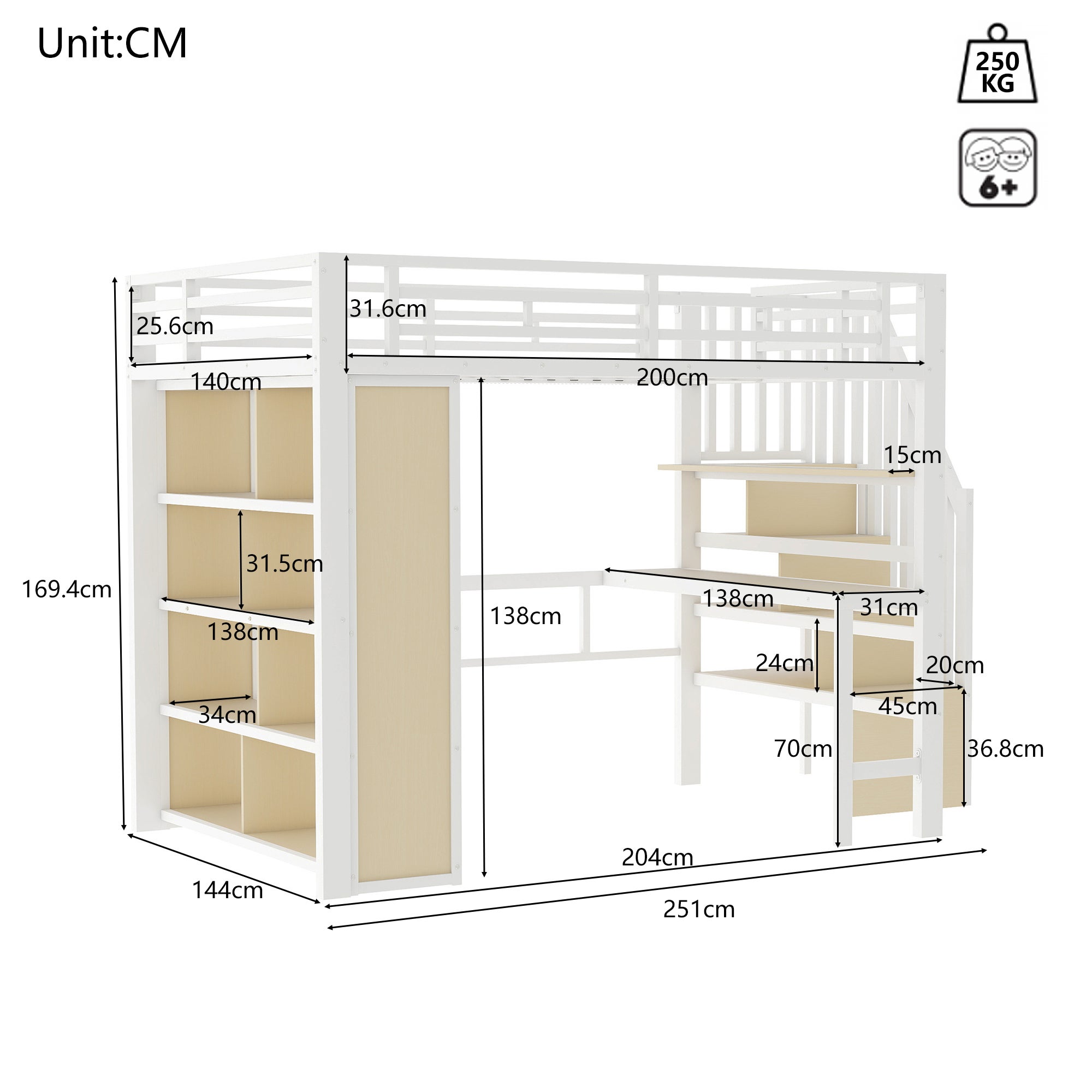 Lit Mezzanine 140x200 avec Bureau Intégré et Éclairage LED, Cadre Métal MDF Blanc, Escalier Rangement Étagères, Sommier à Lattes Inclus, Sans Matelas - 7