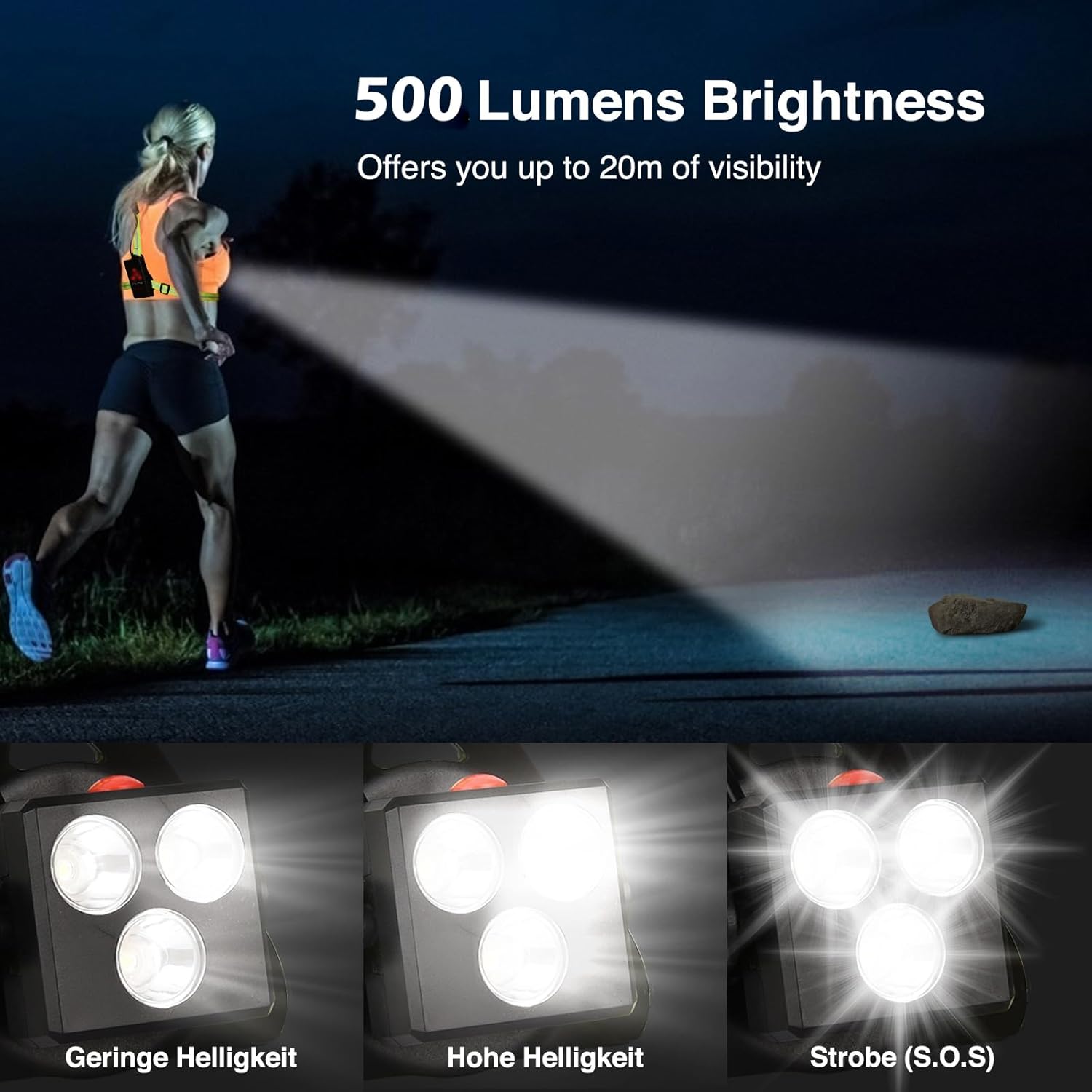 Lampe de Course Pectorale Réglable 120° - LED 500 Lumens, USB Rechargeable, Étanche avec Double Bandes Réfléchissantes pour Running et Randonnée - 3