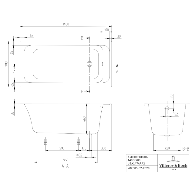 Baignoire droite 140 X 70 VILLEROY ET BOCH Architectura acrylique - 4