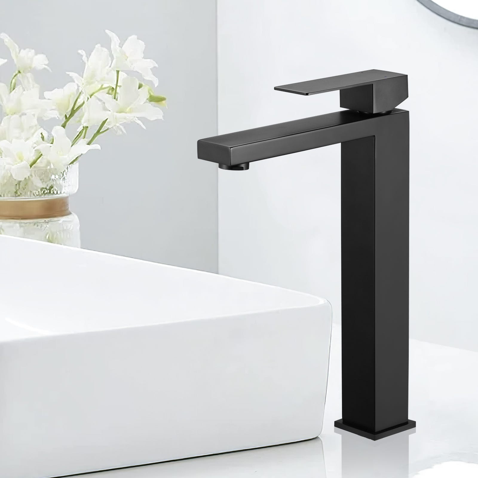 Rubinetto Lavabo Bagno Nero - Bocca Alta 24cm, Acciaio Inox 304, Per Appoggio, Design Moderno - Foto 9