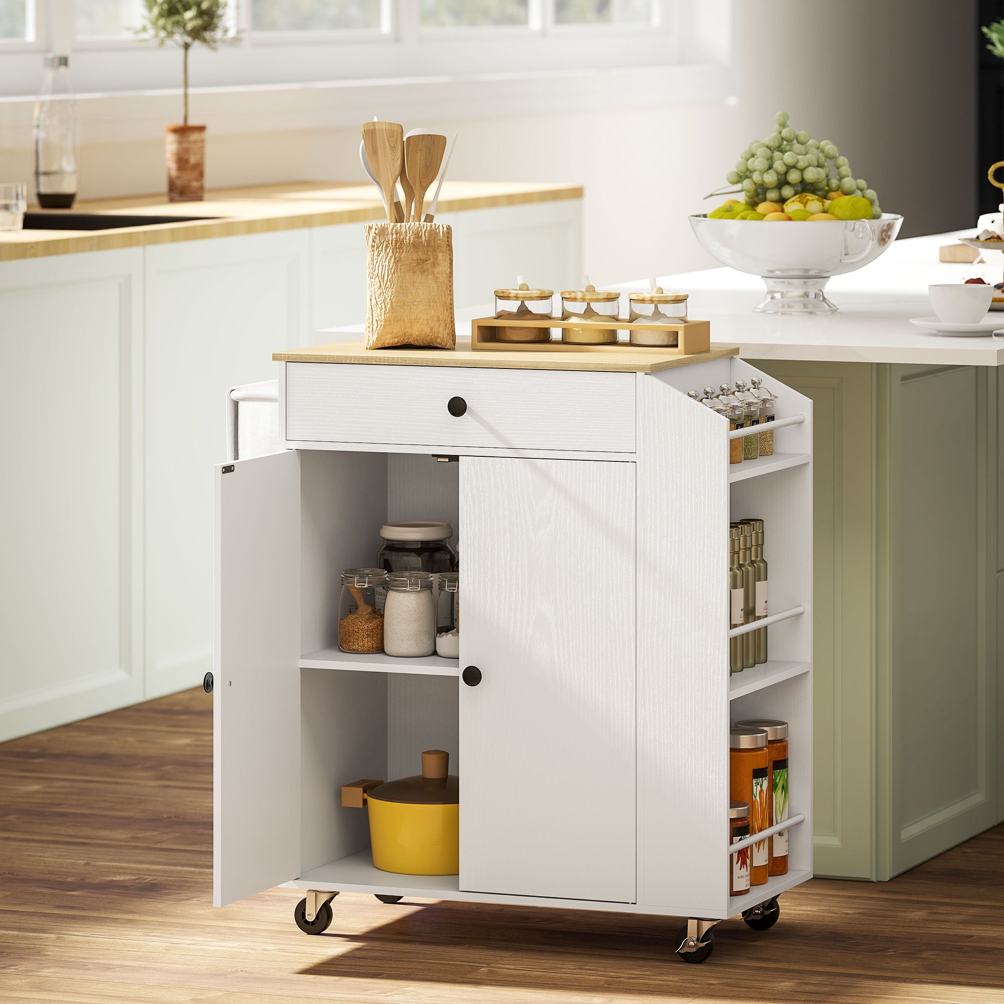 Desserte De Cuisine 137 Cm, Îlot De Cuisine Avec Plan De Travail Rabattable Meuble De Cuisine Sur 6 Roulettes Verrouillables Avec Etagere Etagere De Porte 2 Grands Tiroirs Noir 90204812