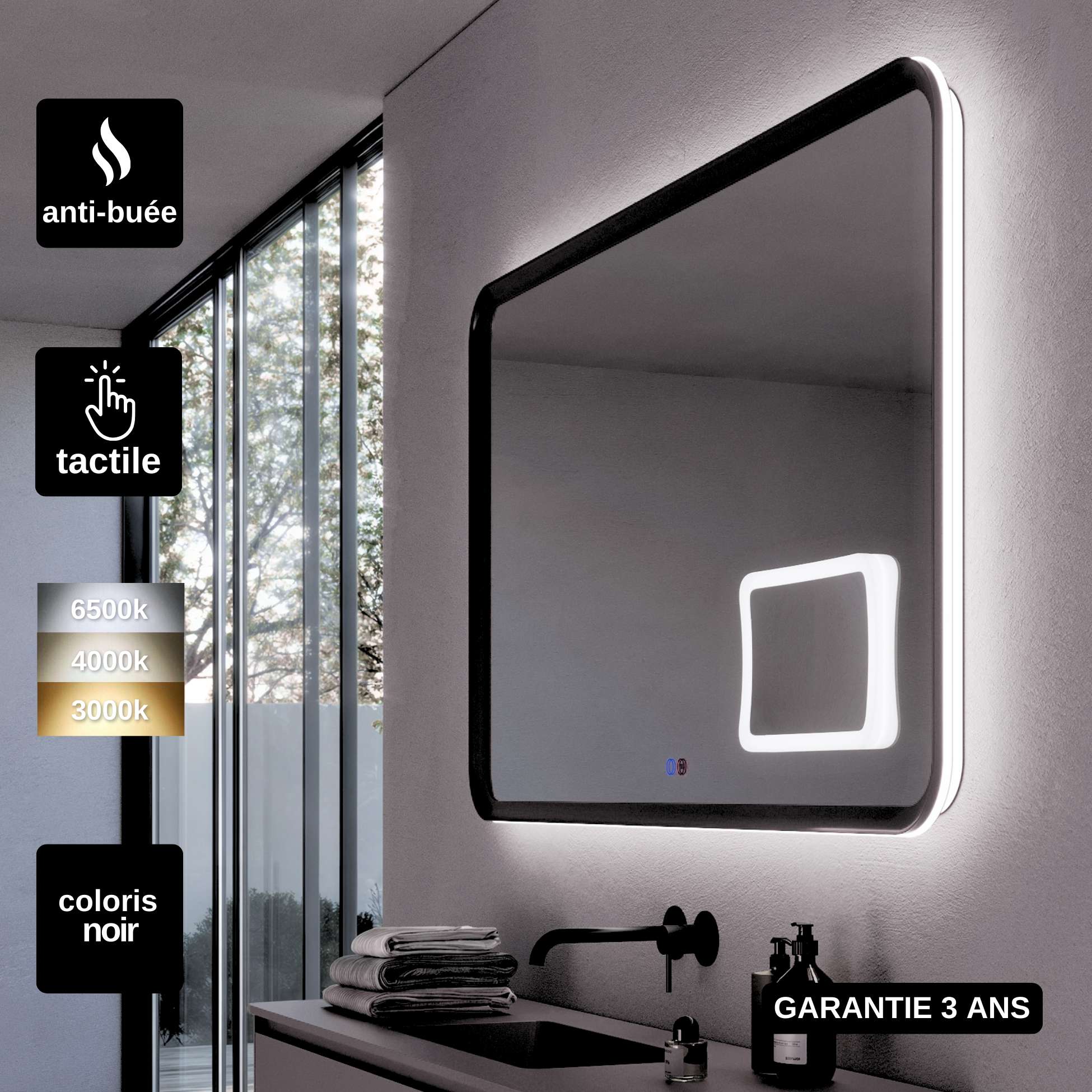 Miroir De Salle De Bain LED Moderne Alasta Madrit - Bluetooth, Interrupteur, Design Argenté