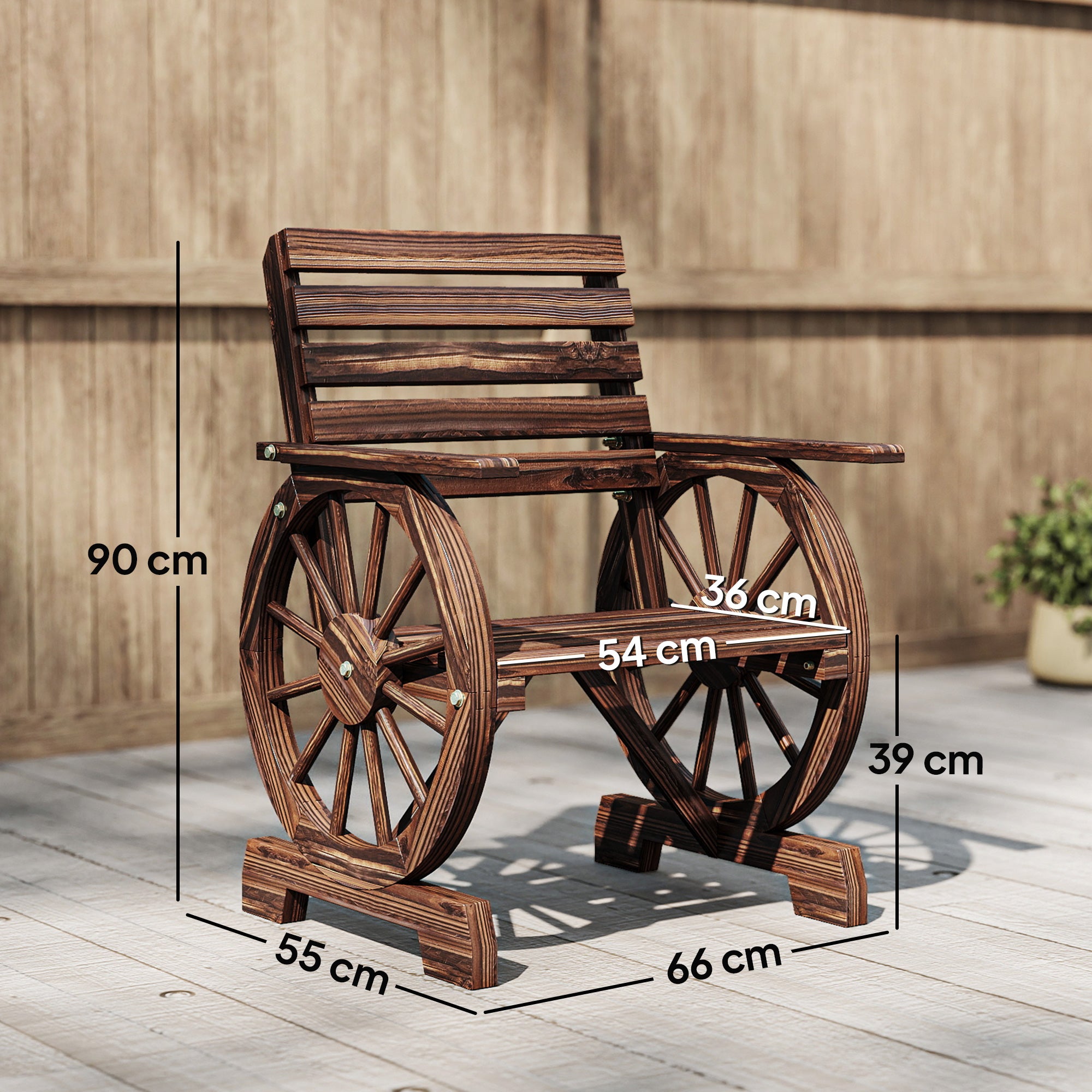 Chaise de jardin en bois, style roue de chariot, assise large à lattes, dossier incliné, 66 x 55 x 90 cm, finition carbonisée - 5
