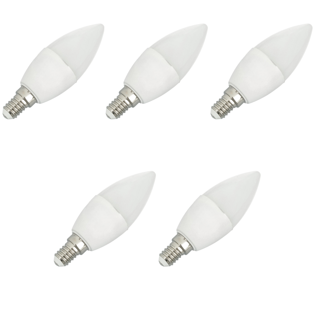 Zestaw x5 żarówek LED E14, cienkie gniazdo, typ świecowy, 7W C37, przysłona 330º (neutralna biel 4000K)