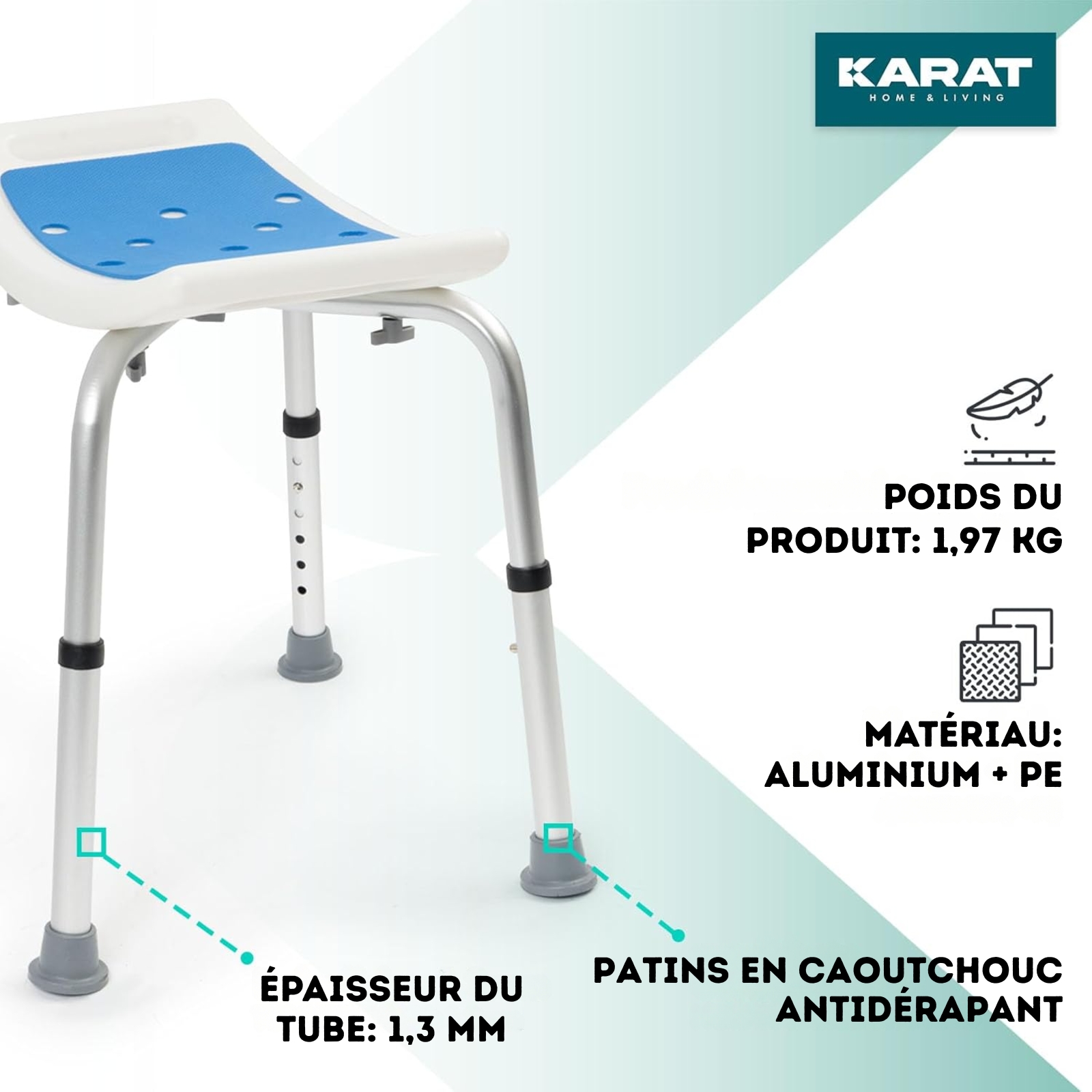 Tabouret de douche et de bain Noah Réglable en hauteur Facile à&nbsp; nettoyer Pieds en caoutchouc antidérapant Peut supporter jusqu'à&nbsp; 136 kg - 5
