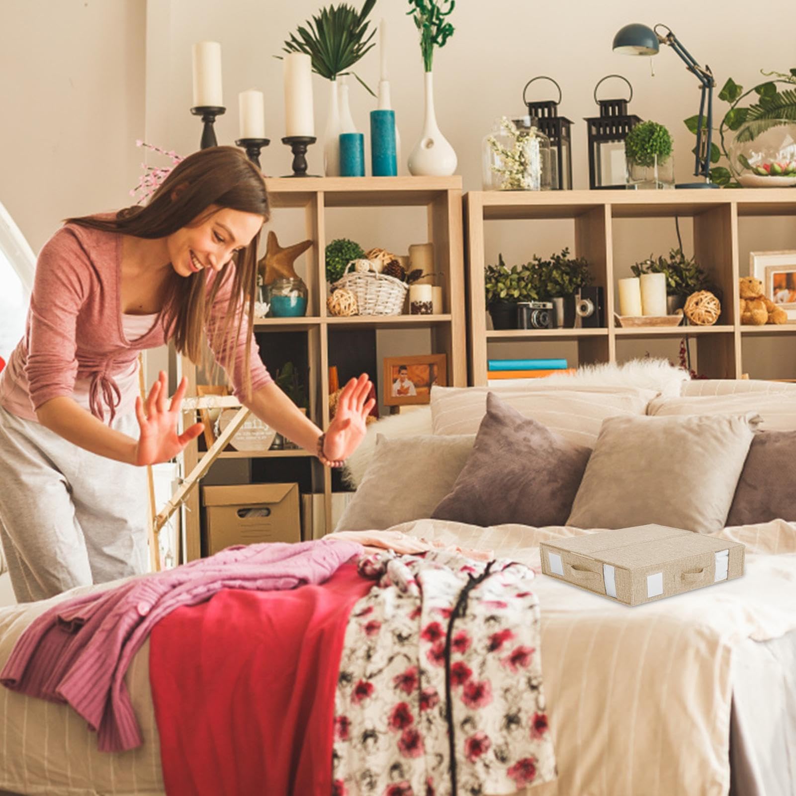 Organisateur de draps et boîte de rangement, paquet de 2, organisateur de draps pliable, organisateur de couette, Beige - 5