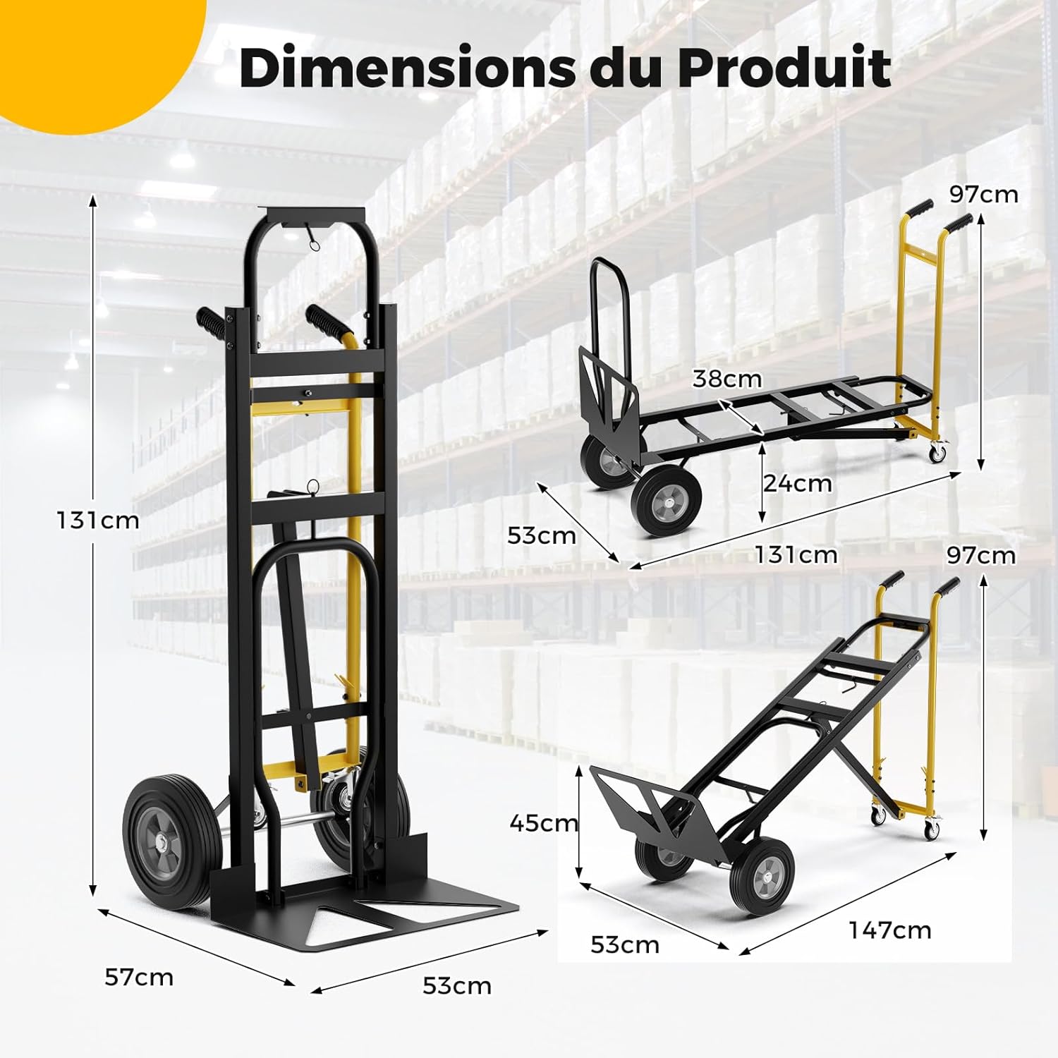 Carrinho de mão em metal 3 em 1 com rodas de borracha universais, carrinho industrial dobrável para transporte e mudança, 57 x 53 x 131 cm - 9
