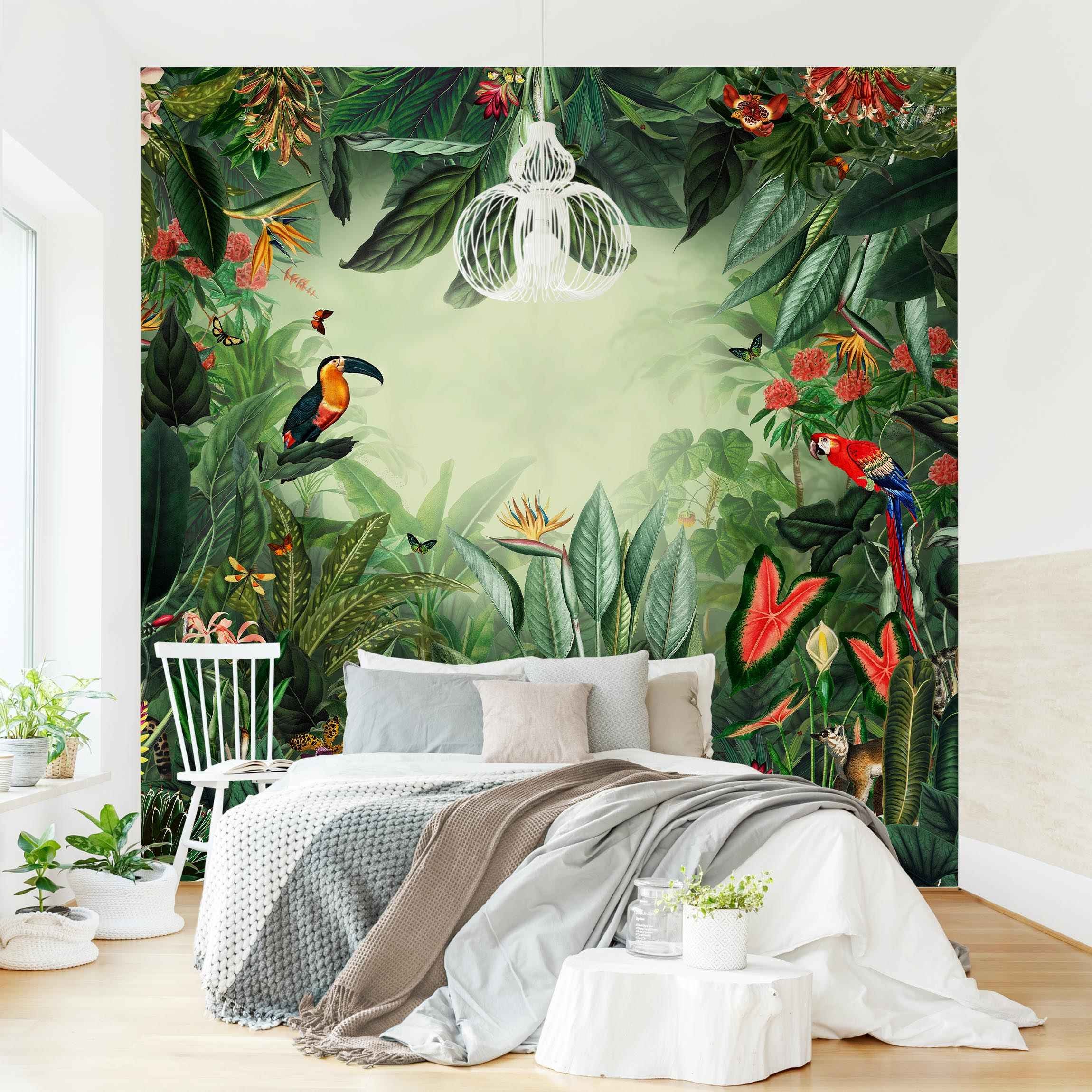 Papel pintado fotomural bosque flores vintage tropical arte selva 351 - salón dormitorio cocina pasillo - tnt 192 x 192 cm premium