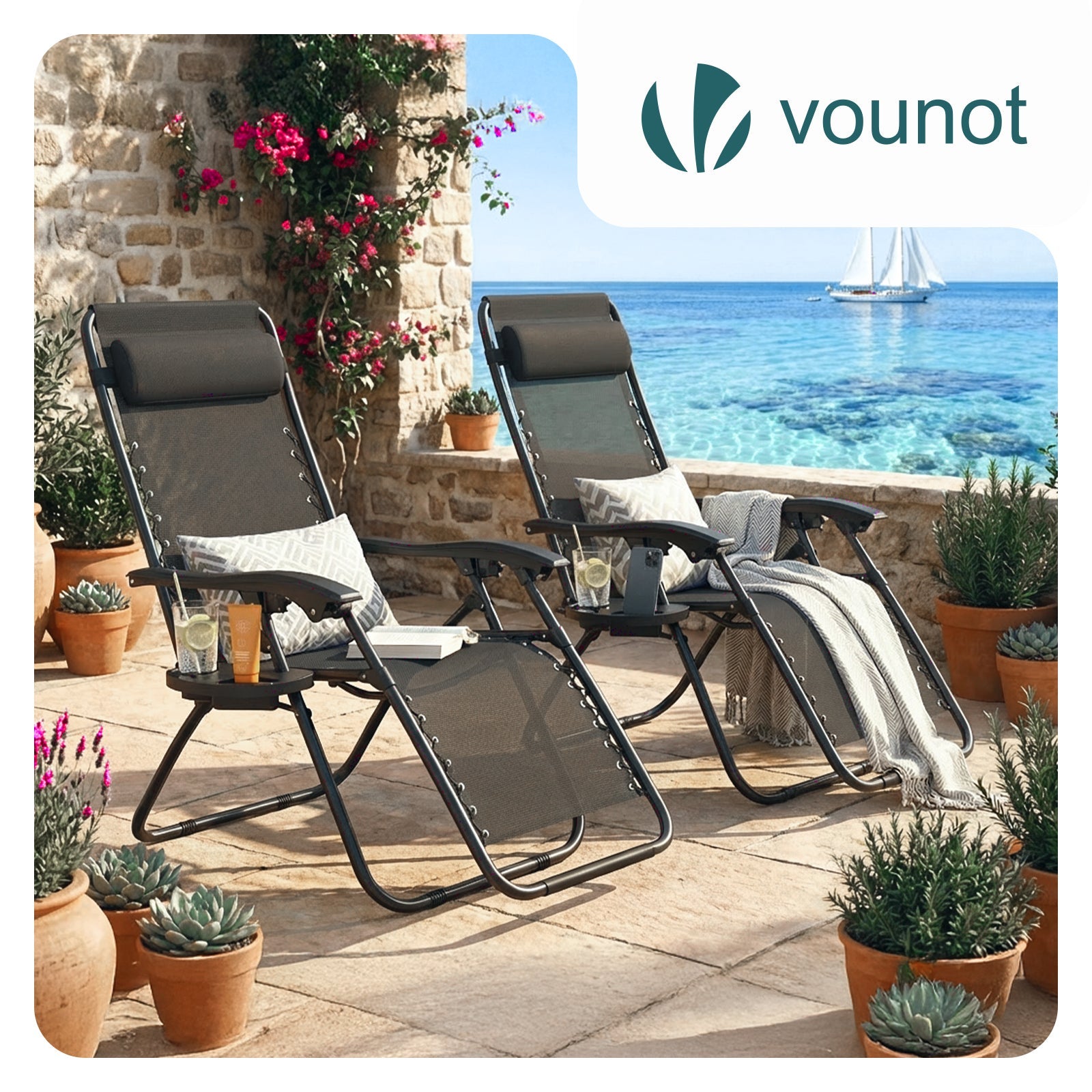Chaise Longue inclinable en testilene avec porte gobelet et portable Noir Lot de 2 VOUNOT® - 2