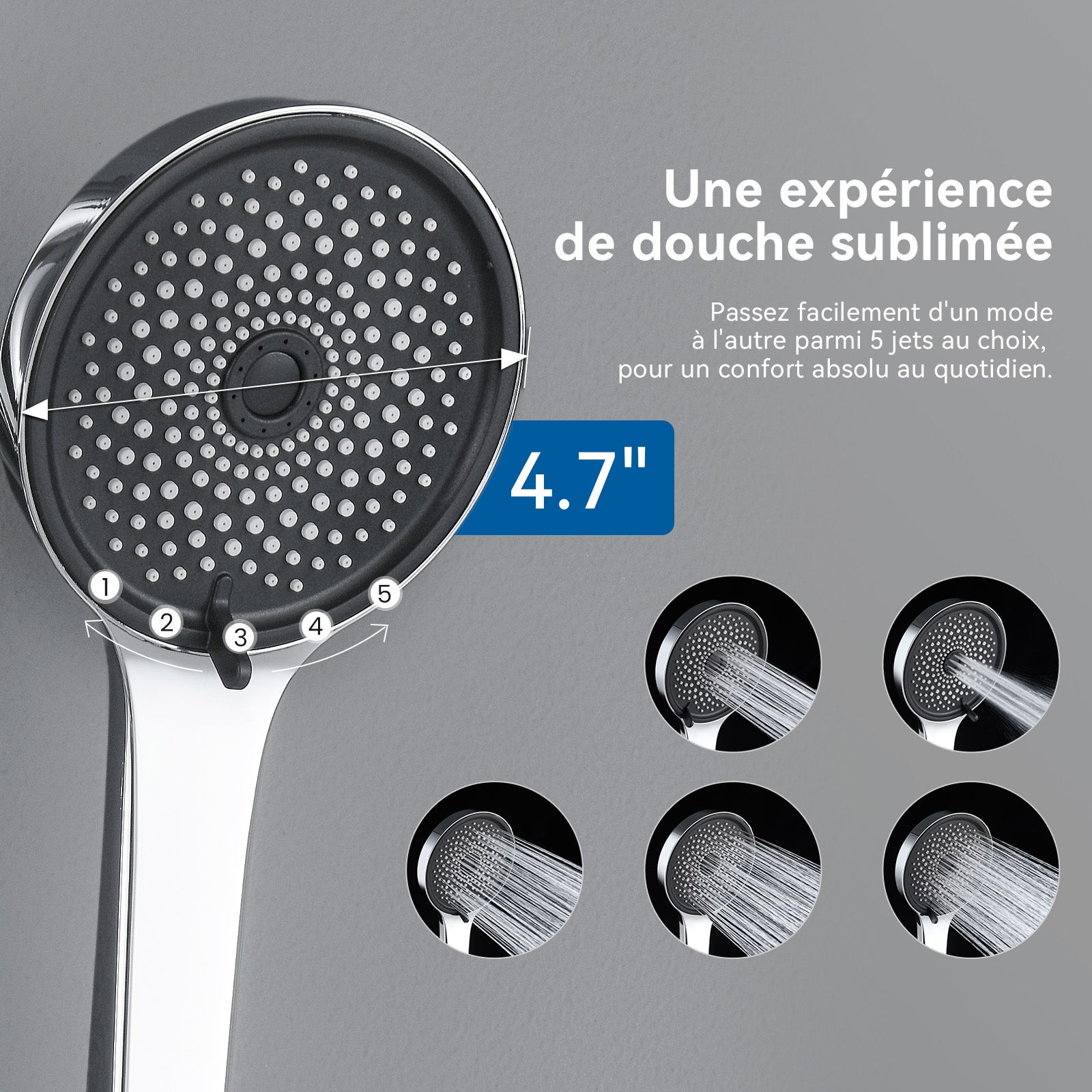 Auralum max Barre de Douche en Acier Inox avec Douchette 5 Jets,Réglable 700mm,Support Coulissant à 360°, Étagère de Rangement Incluse,Chrome - 8