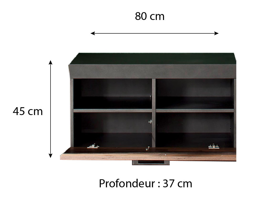 INDY - Meuble chambre. Banc de rangement en mélaminé coloris bois effet vieilli avec finition gris ciment . L - H - P : 80 - 45 - 37 cm. - 3