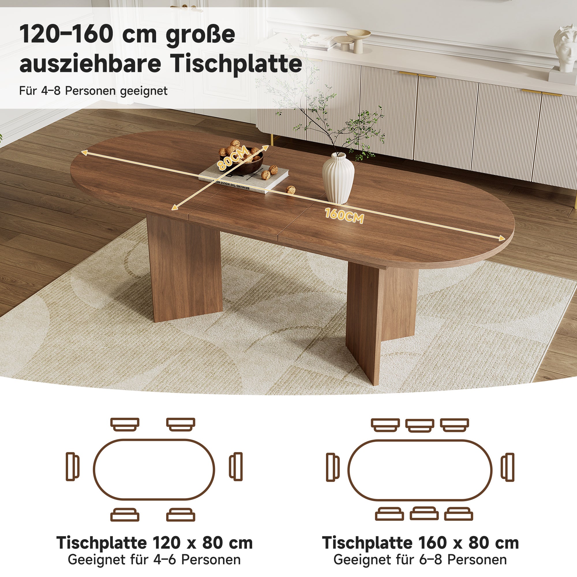 Table à manger extensible pour 4 à 6 couverts - 120/160 x 80 x 75 cm - Coins arrondis et plateau épais - MDF - Noyer - 5