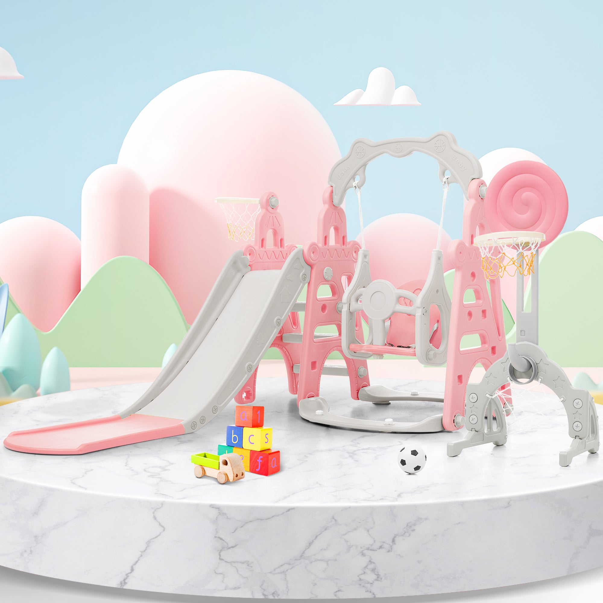 DREAMADE Toboggan pour Tout-petits, Ensemble de Jeu d'Intérieur 6 en 1 pour Enfants avec Panier