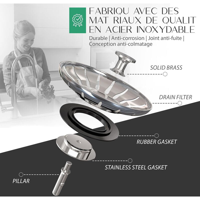 Lot de 2 Bouchon évier Cuisine 80mm - en Acier Inoxydable bonde evier Cuisine pour Un Drainage Rapide, bonde évier 80mm Anti-Obstruction - 3