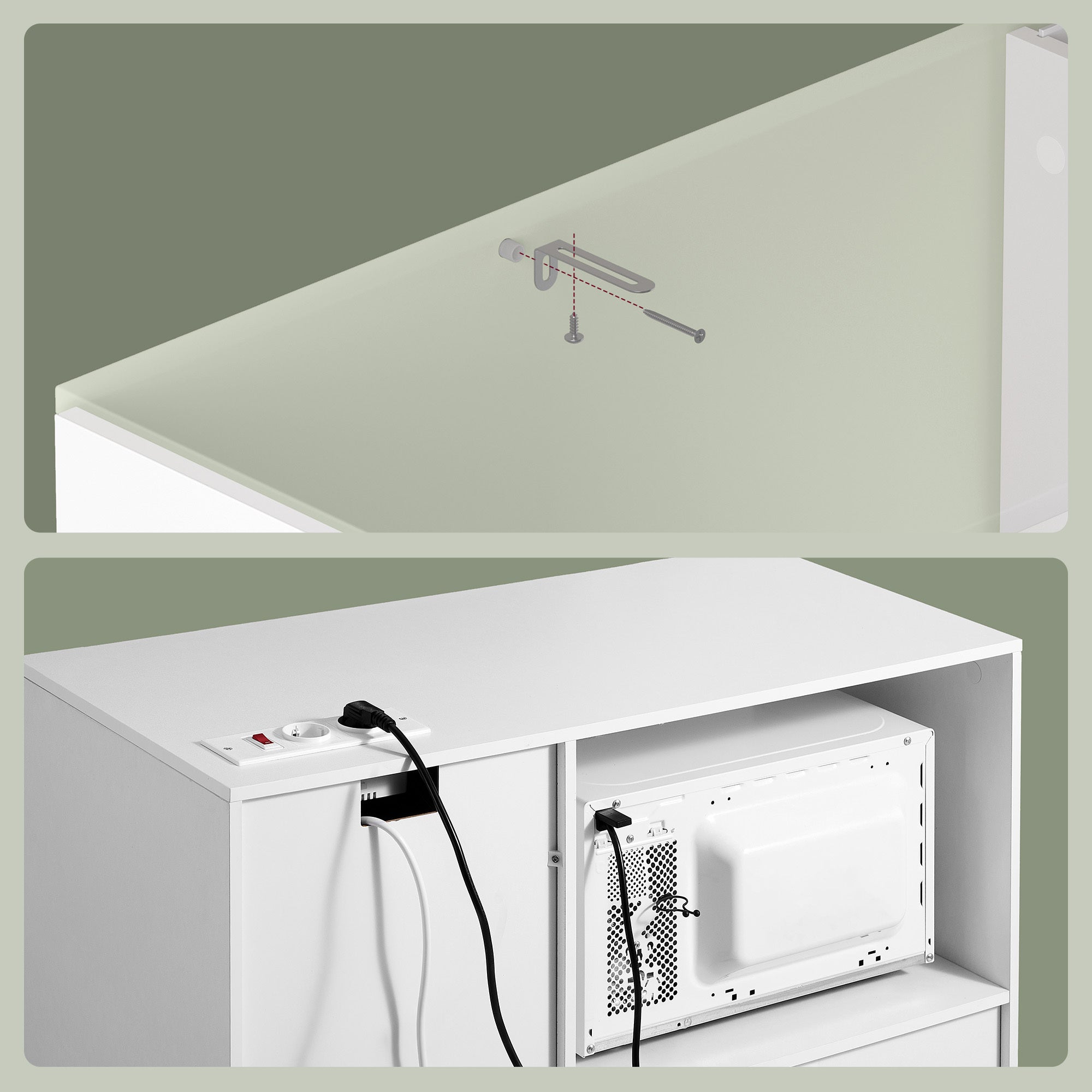 Armoire de Cuisine, Buffet avec Étagère Micro-ondes, 3 Portes, Plan de Travail, Compartiment Ouvert, Blanc - 6