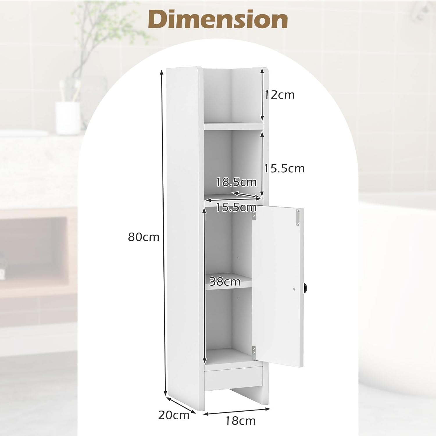 LIFEZEAL Armoire de Rangement Salle de Bain Étroite, avec Porte Fermée et Étagères Réglables, Meuble de Rangement pour Salle de Bain，Blanc - 3
