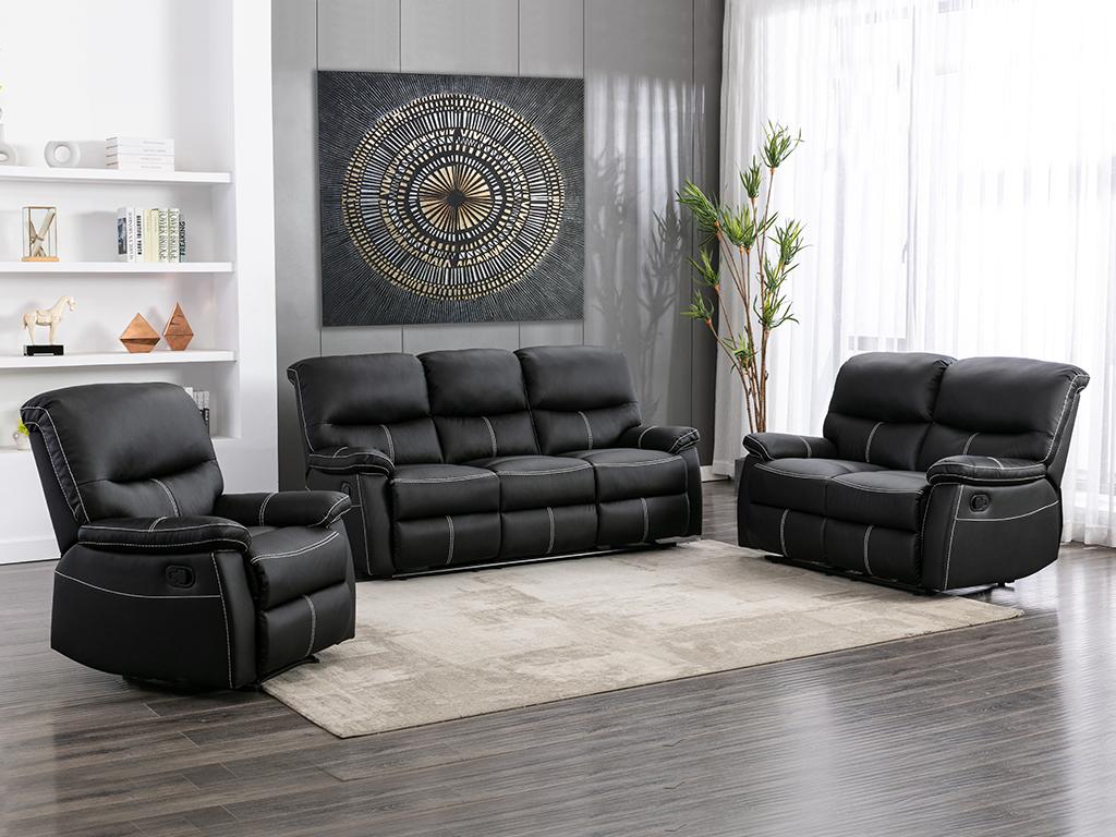Kanapa 3+2+1-osobowa oraz fotel z funkcją relax z ekoskóry w kolorze czarnym CANBY