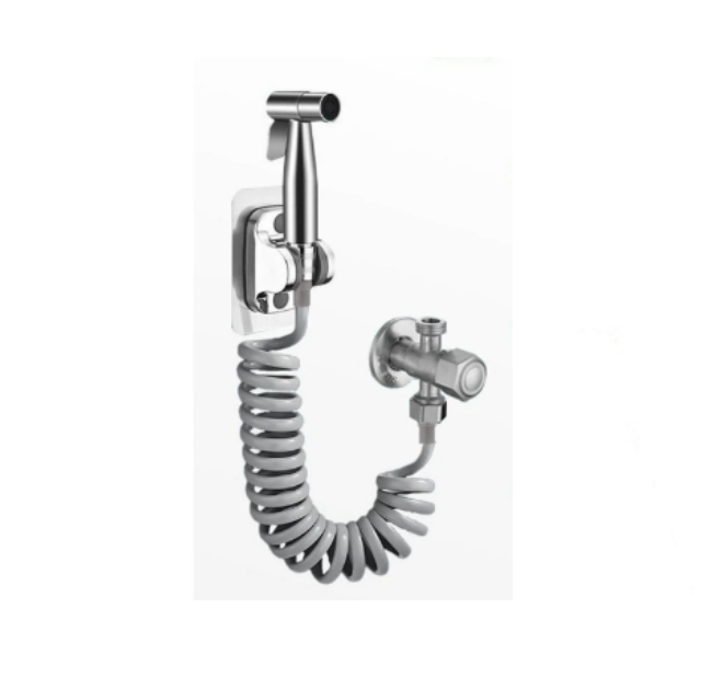 Spryskiwacz bidetowy do toalety, pistolet natryskowy srebrny 304 + wąż teleskopowy 2 m + uchwyt + zawór kątowy z pojedynczym sterowaniem