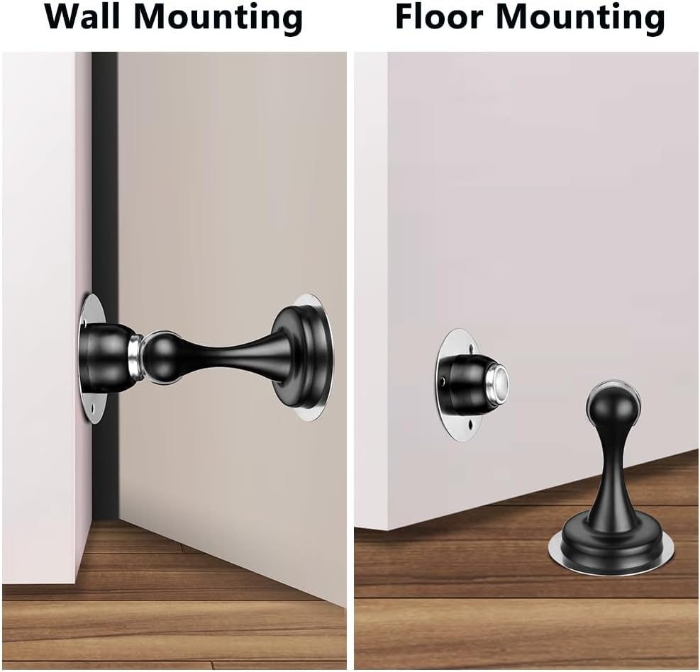Lot de 2 Butées de porte Magnétiques, cales de Porte Intérieures pour Plinthes, Butées de Porte au sol avec loquet Auto-adhésif 3M Noir - 4