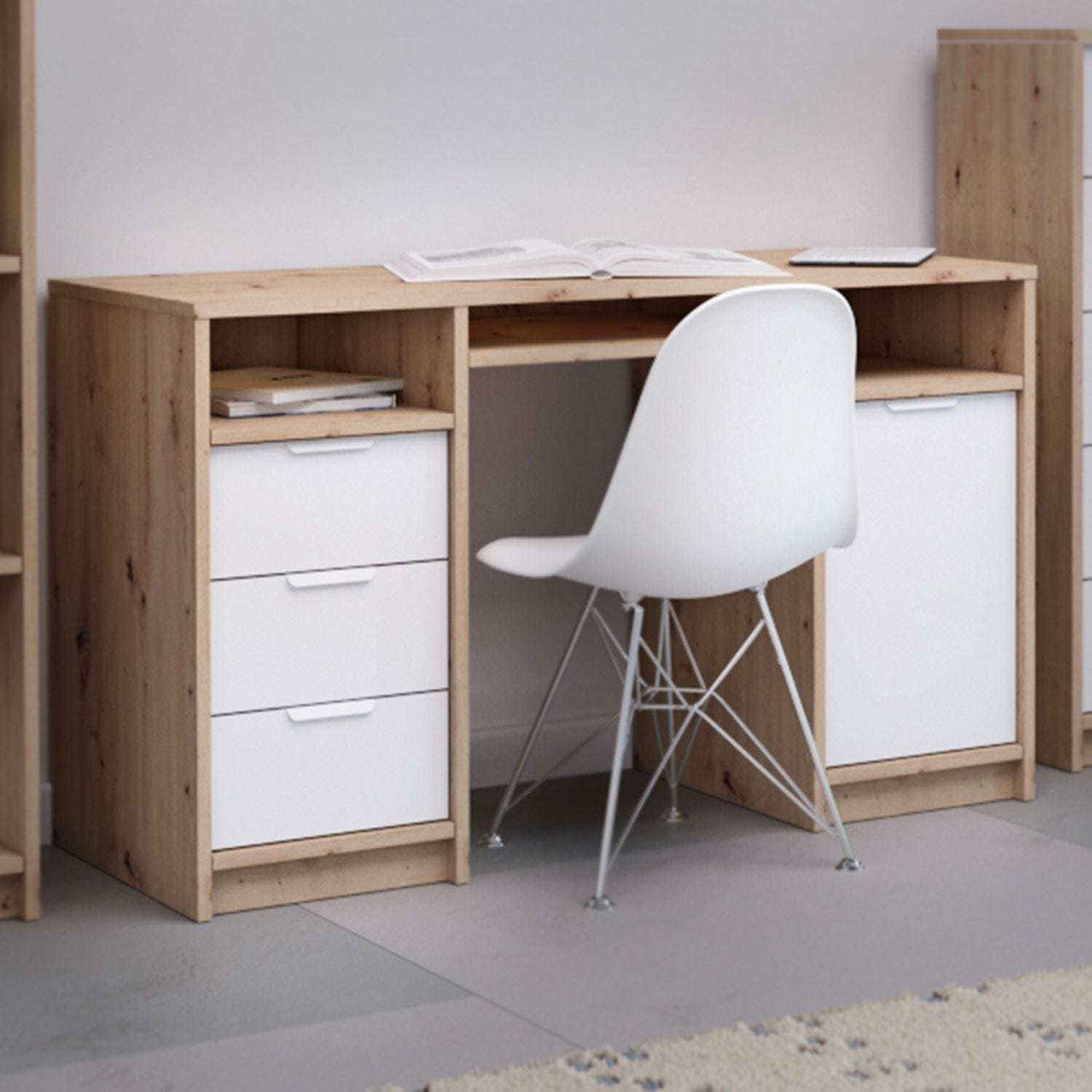 DlandHome Petite Table Avec Étagères 90x40cm - Bureau Ordinateur Avec Rangement Noyer/Blanc