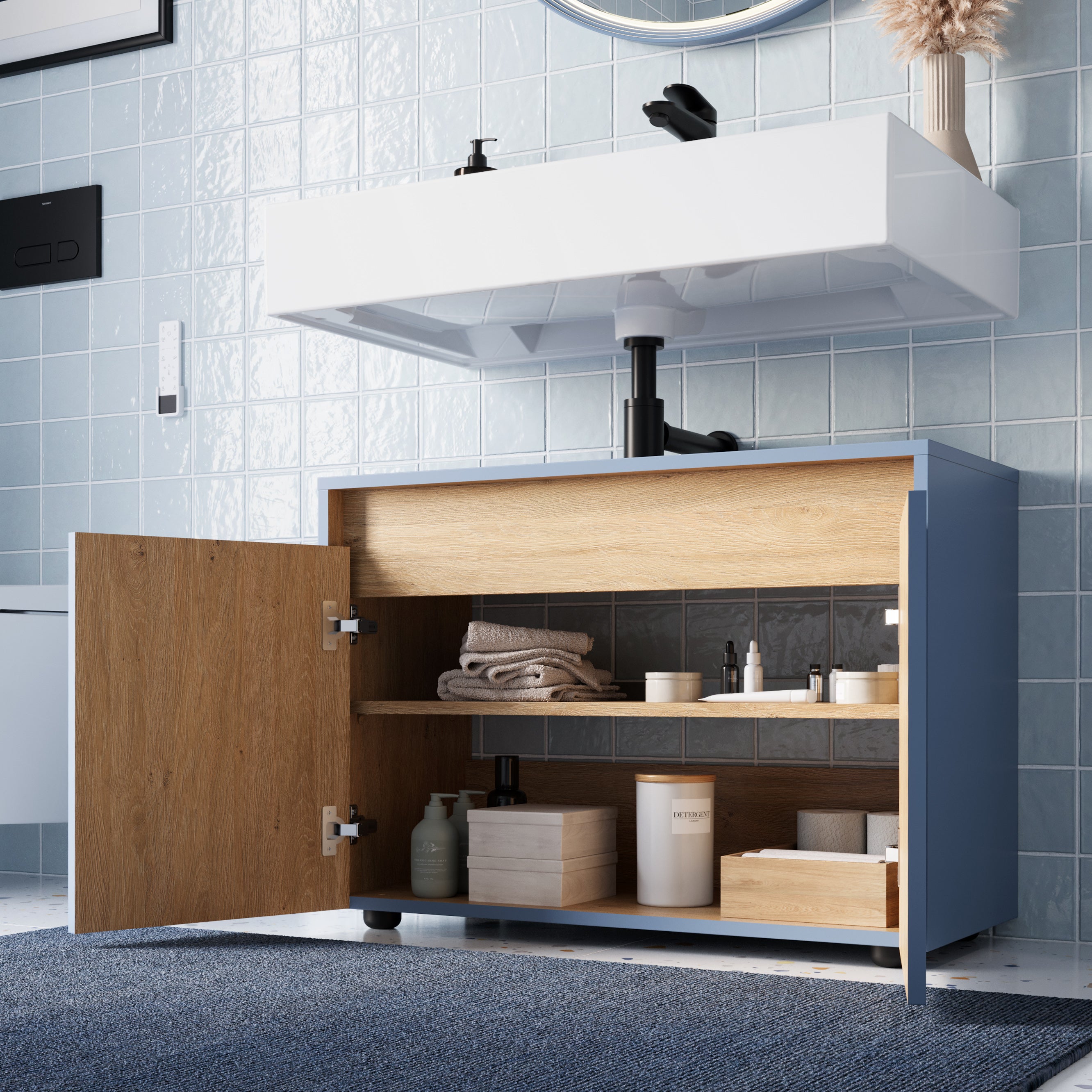 BERNSTEIN - Meuble sous vasque à poser MDF Bleu azur mat 80x35x54cm (LxPxH) + 2 portes - BELDIVO - 4