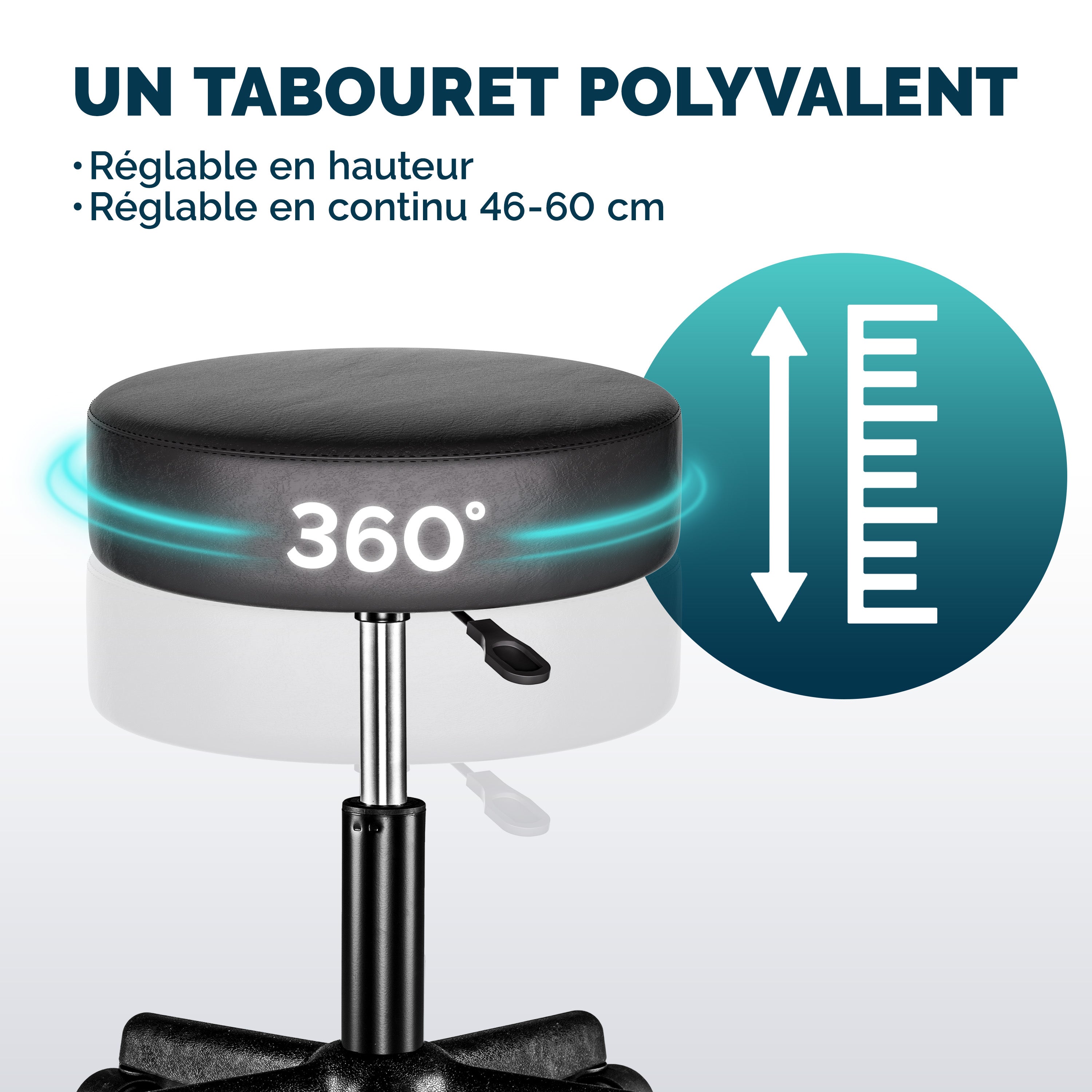 CASARIA® Tabouret Roulettes Pivotant 360° - Tabouret de Bureau Ergonomique Réglable 46-60 cm - Similicuir - Charge Max. 150 kg - Rembourrage Épais - 7