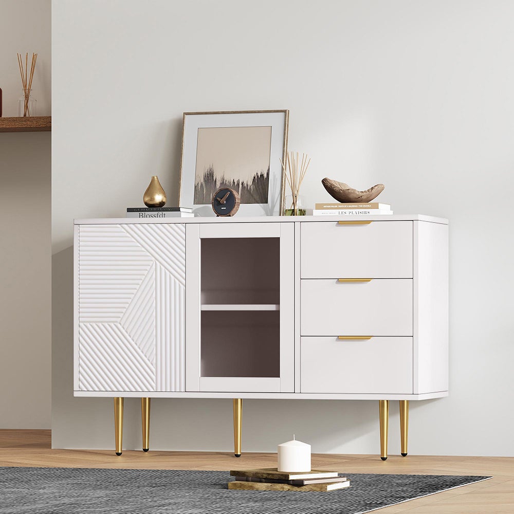 Commode 3 tiroirs et 2 portes verre blanc Structure métallique finition ...