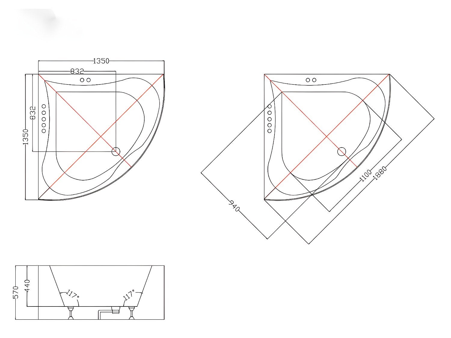 Baignoire balnéo d'angle AGYNESS - 263L - 135*135*57 cm - 8