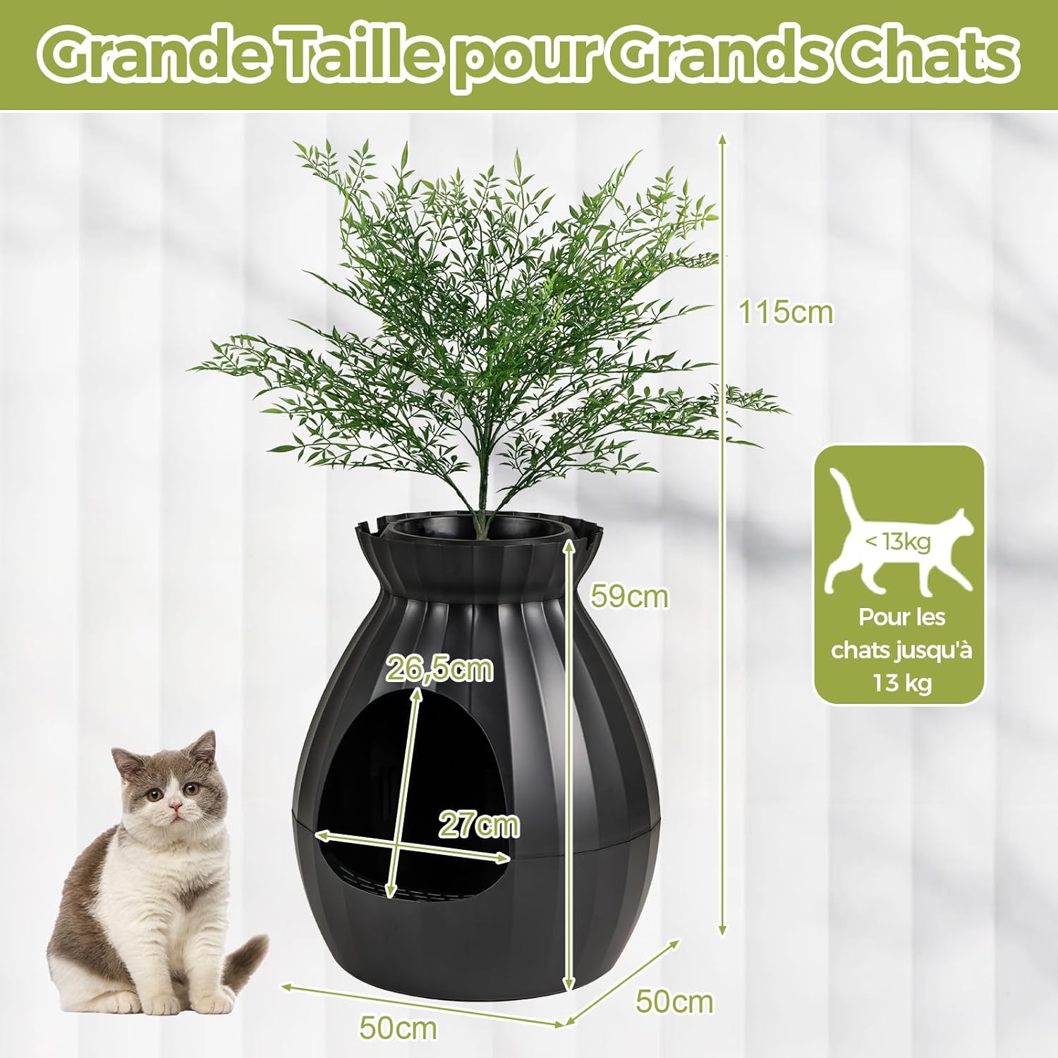 Bac Litiere pour Chat XXL avec Désodorisation Ionique, Grande Caisse Chat Litiere 63L avec Plante Artificielle Verte,Noir - 2