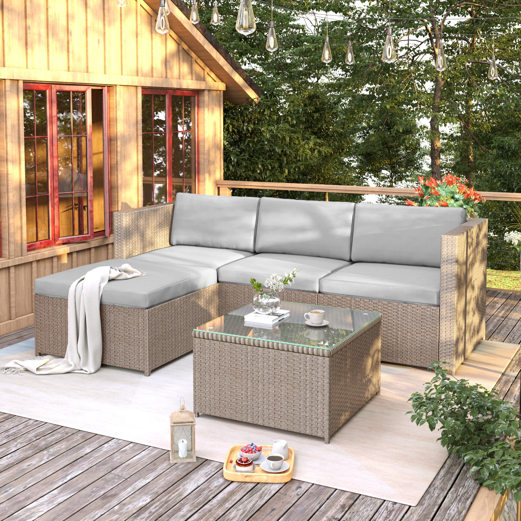Salon de Jardin Exterieur en Rotin, Table de Jardin Exterieur avec Chaise, Canapé de Salon d'angle 4 Places avec Coussins et Table en Verre, Khaki - 2