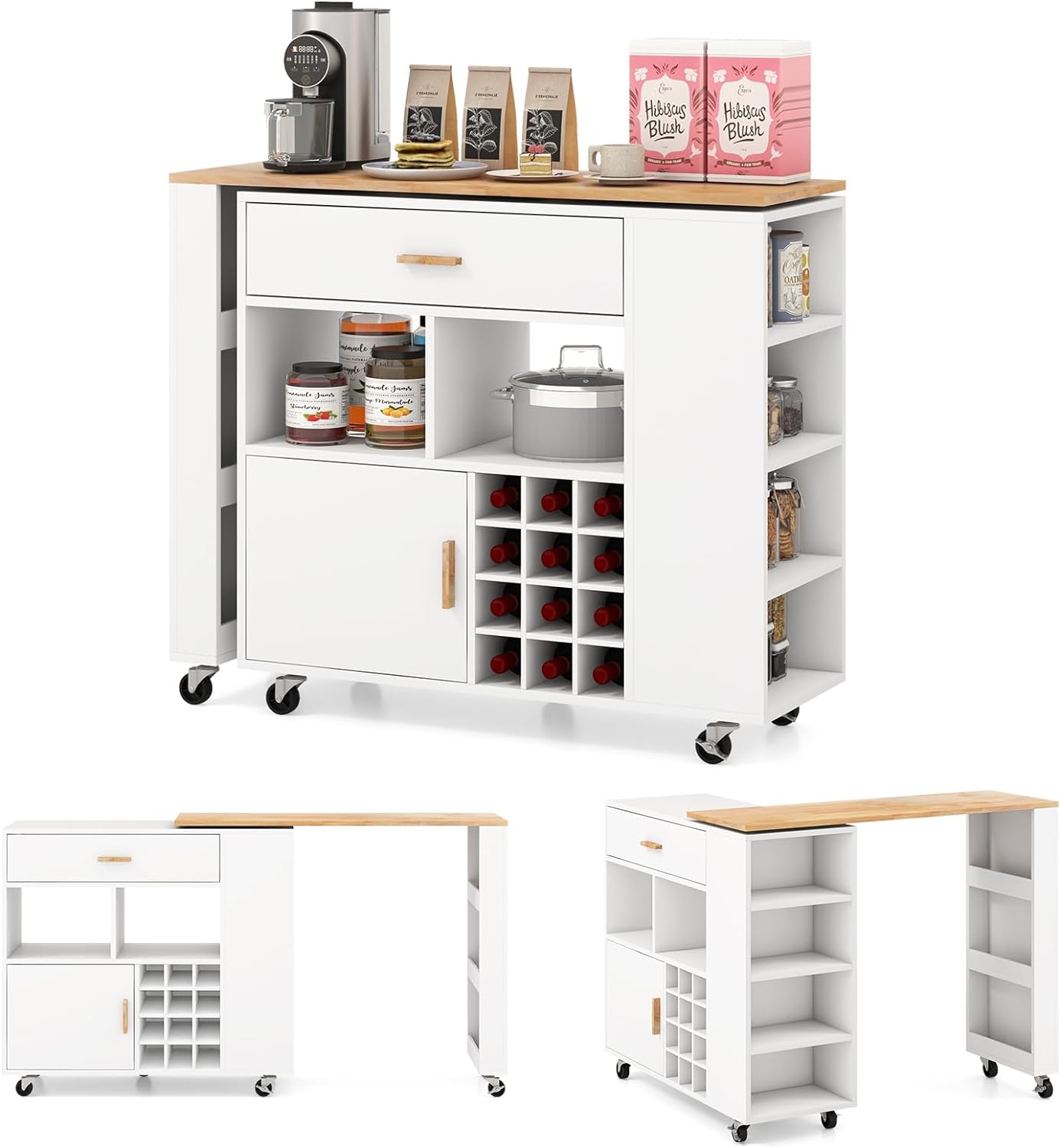 Wózek Wyspowy z Obrotowym Blatem, 120 x 40 x 100 cm, Szafka Kuchenna na Kółkach, z Regałem na Wino, Szufladą, Uchwytem na Przyprawy