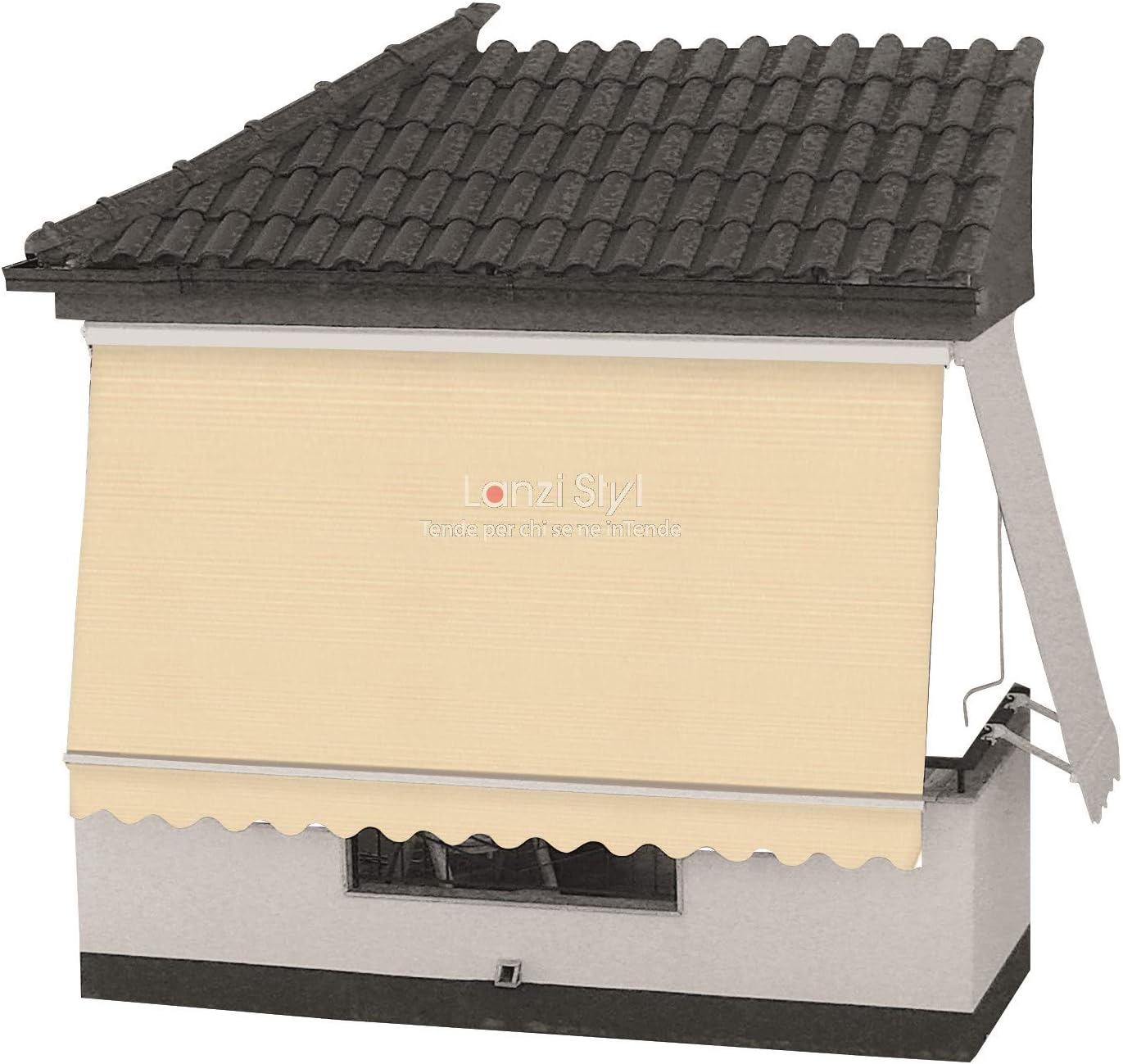 Toldo vertical (300 x 260 cm – beige 15_1) con cofre, brazos y faldón (tela lisa)