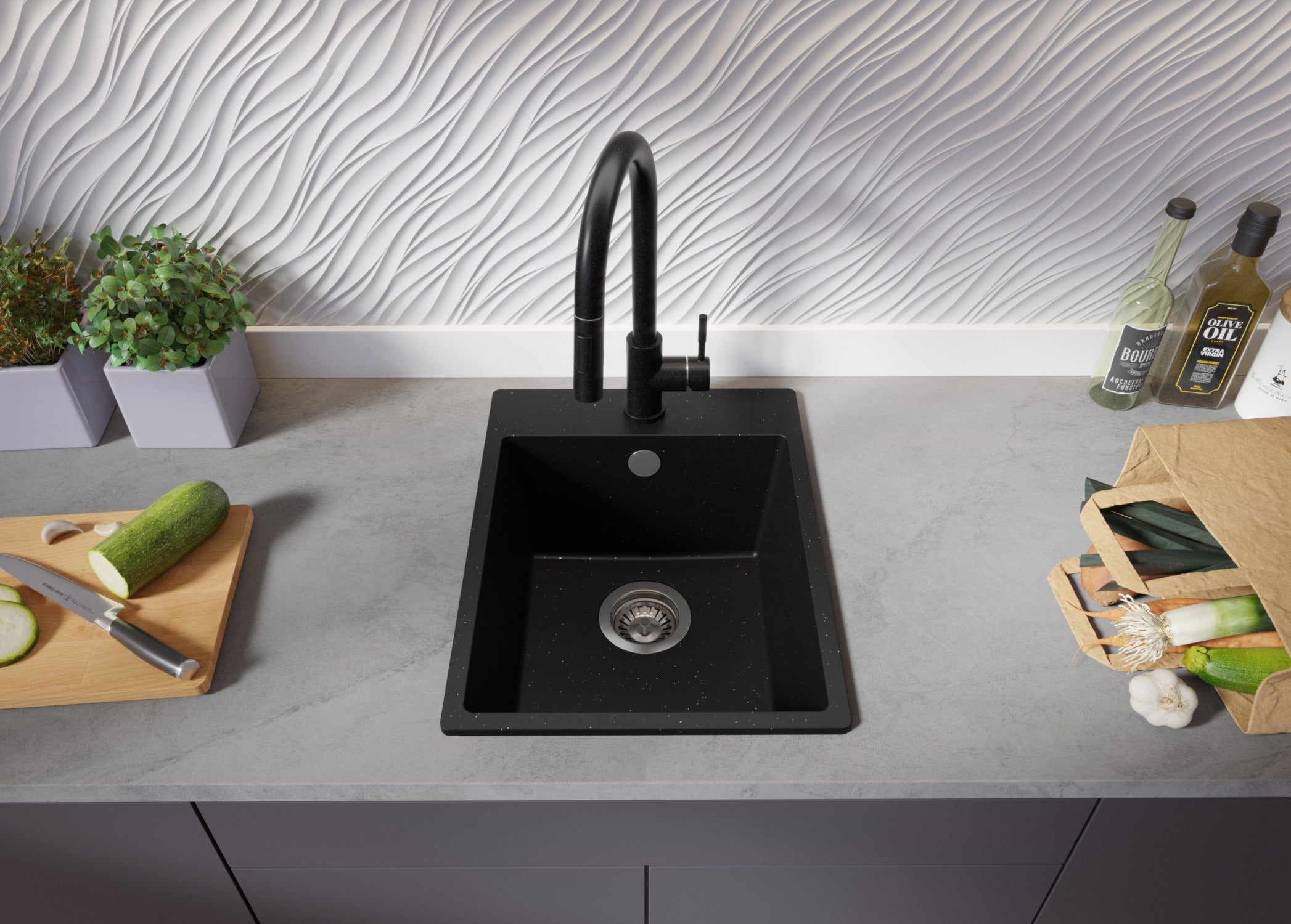 Evier Cuisine en Granit Noir Métallisé 38x50cm, Lavabo 1 bac + Kit de Vidage, Évier à Encastrer au meuble 40cm - Riga PRIMAGRAN - 4