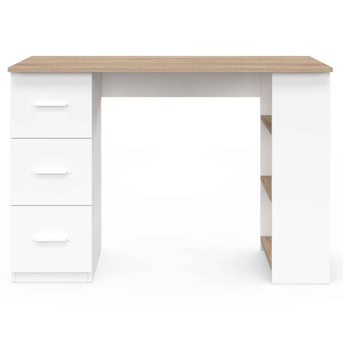 Bureau droit MAE 3 tiroirs avec étagères de rangement blanc et bois - 3