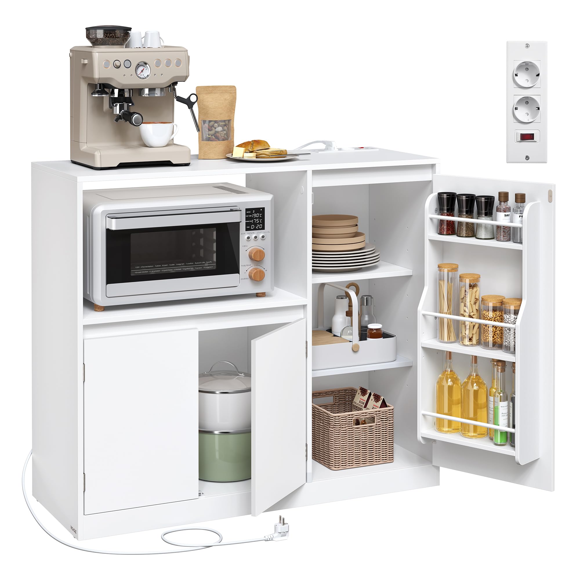 Aparador de cocina vajillero con encimera, estante para microondas, 3 puertas y estantes regulables, blanco