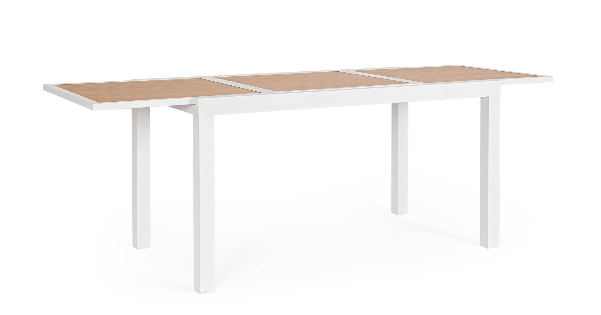 Rozkładany stół aluminiowy z listwami imitującymi drewno, 140-210X77, biały, do użytku wewnątrz i na zewnątrz