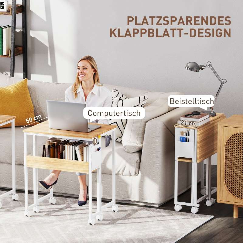 Bureau pliant compact avec roulettes, table d’ordinateur pratique avec étagère et rangement, meuble gain de place pour home office - 4