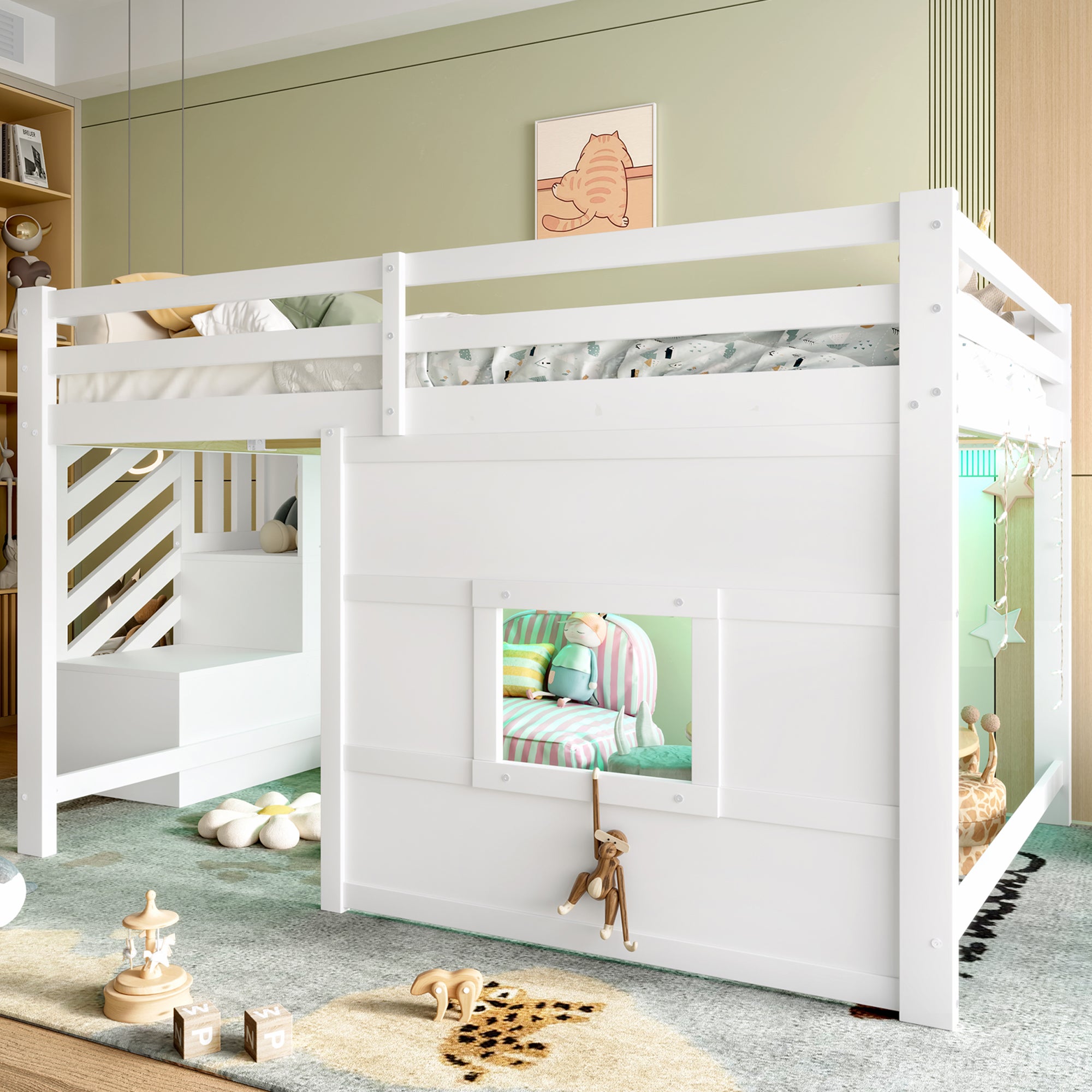 Lit mezzanine 140 x 200 cm avec escalier de rangement et fenêtre - MDF + pin - Blanc (Sans matelas) - 4