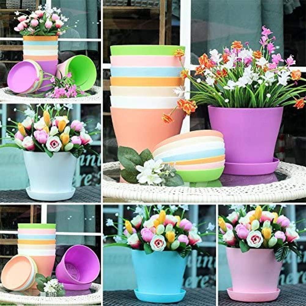 Lot de 8 pots de fleurs en plastique colorés de 14 cm, 8 couleurs, avec plateau, pour le bureau et la maison (14 x 12 cm) - 6