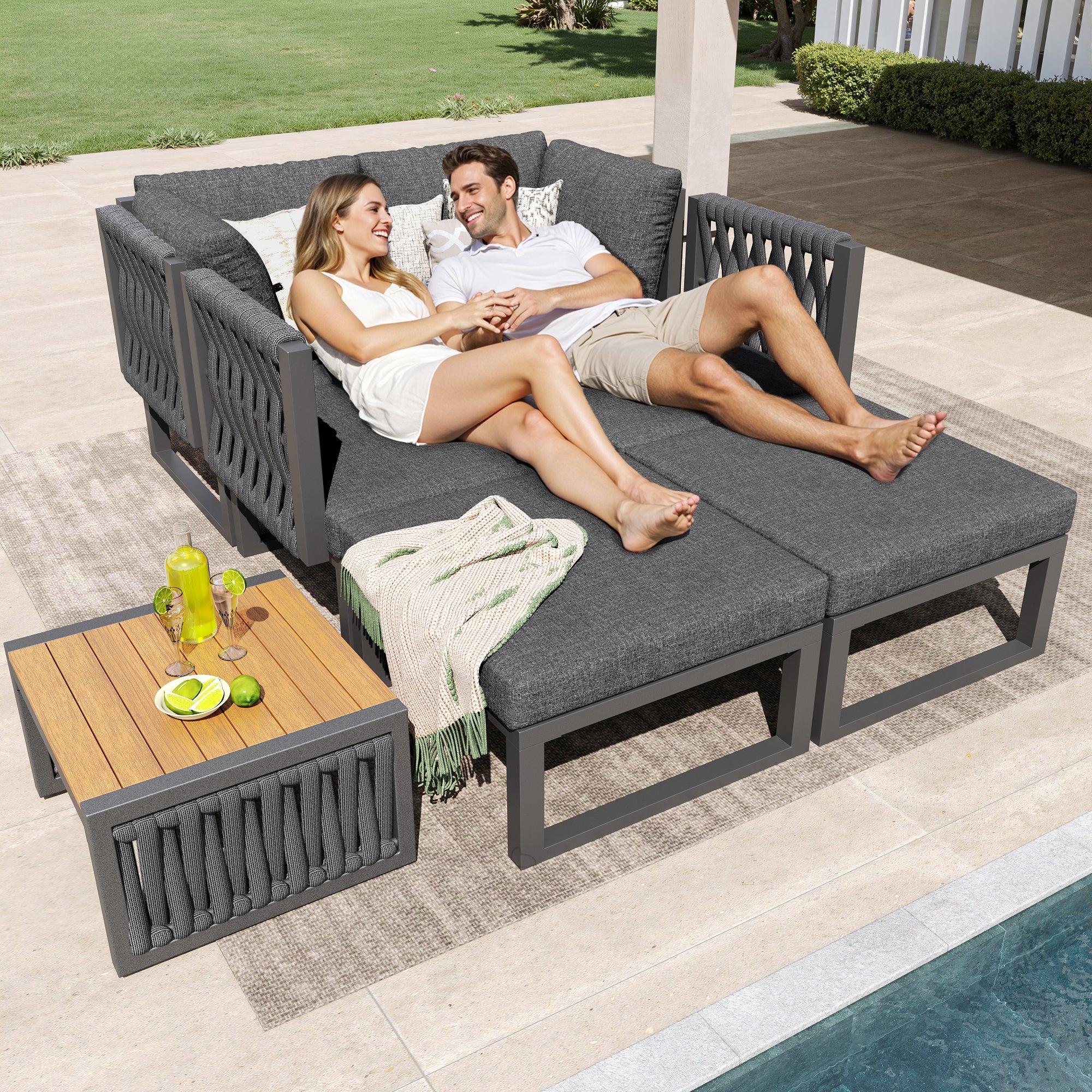 Salon de Jardin Exterieur,pour 6 personnes,Ensemble de canapé de jardin,Chaise longue double d'extérieur avec coussin,angle du dossier réglable,Gris - 3