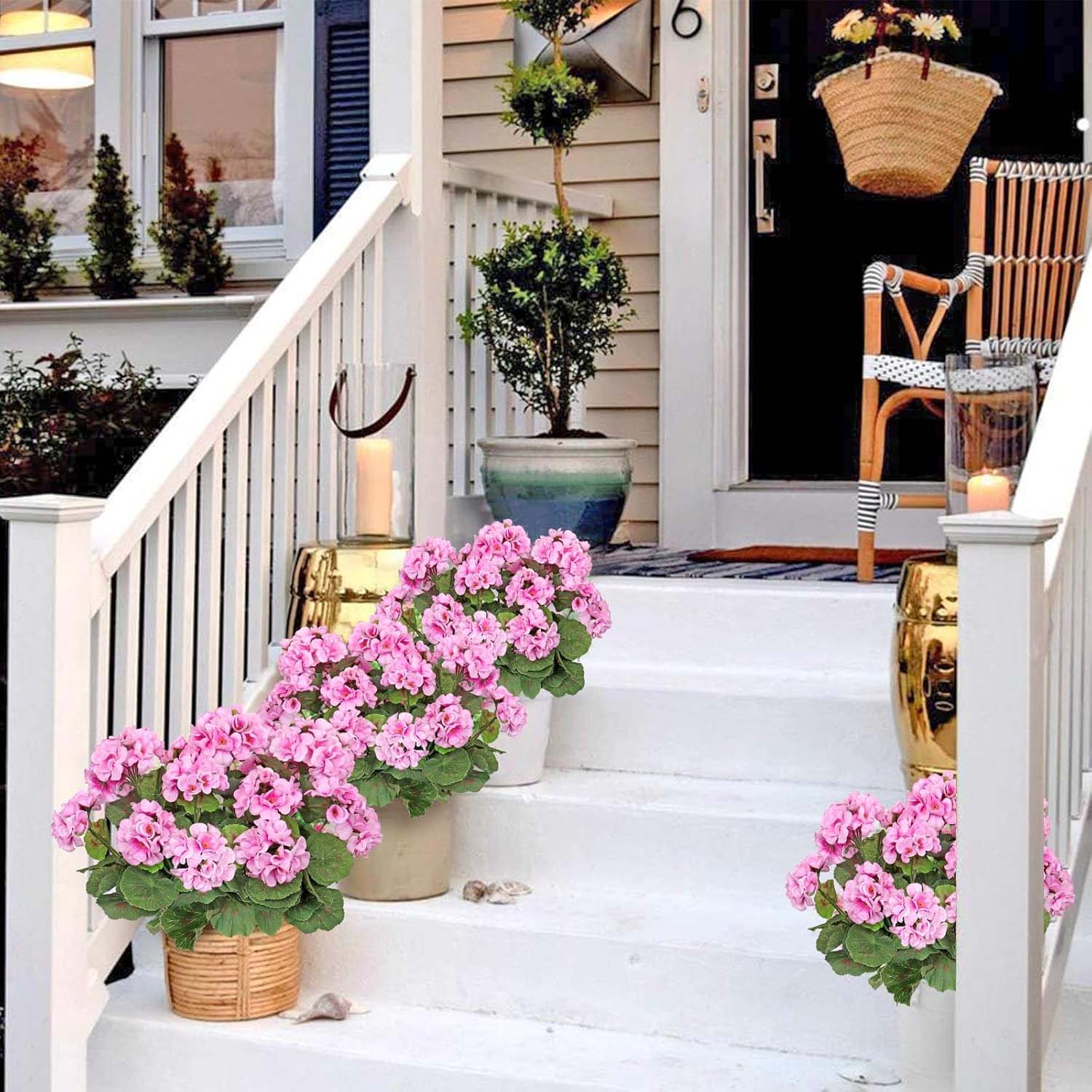 3 bouquets géraniums roses en Polyester fleurs artificielles UV pour extérieur, plante déco jardin terrasse maison balcon mariage intérieur - 7