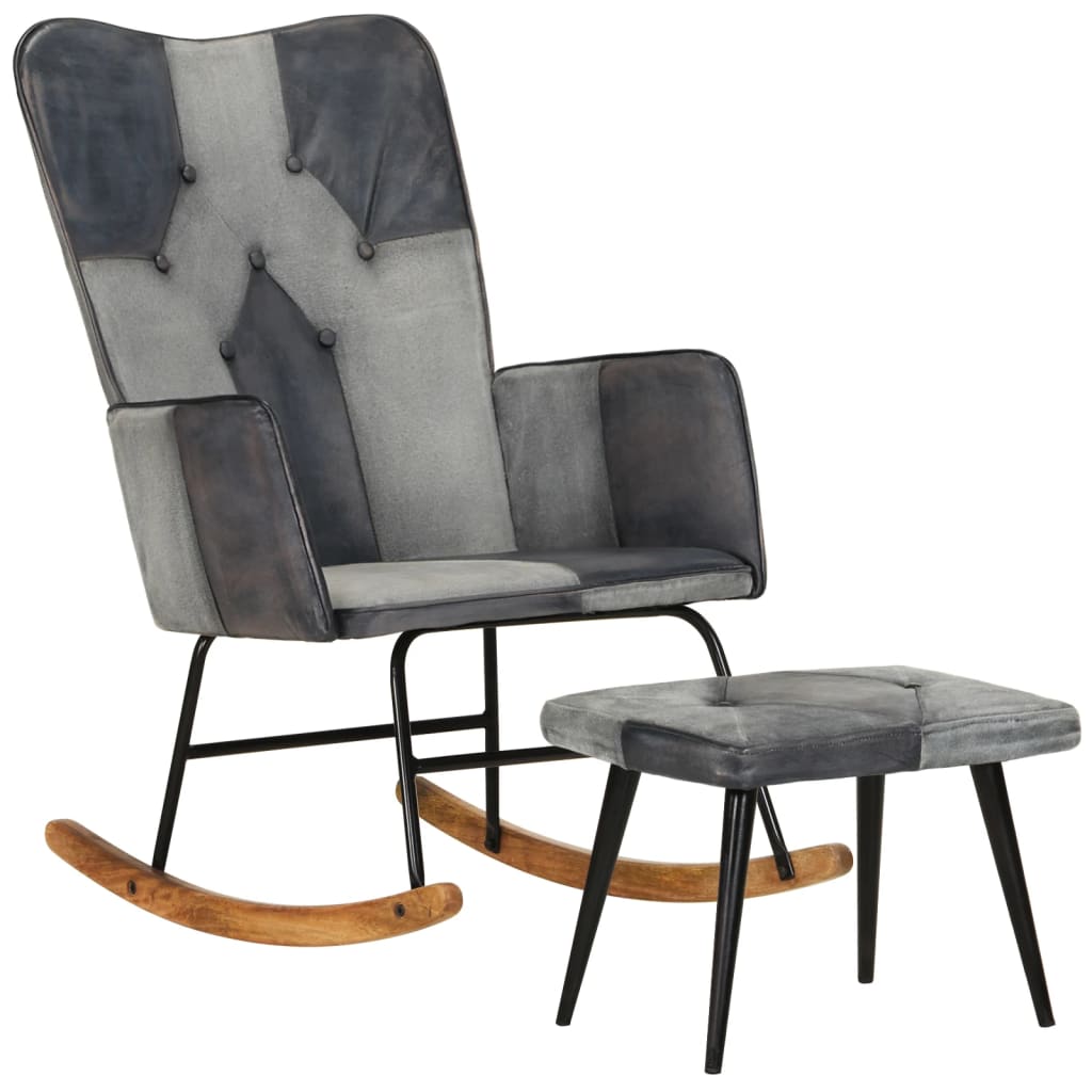 Mecedora | sillón balancín relax | sillón de salón con taburete cuero auténtico y lona gris cfw402549