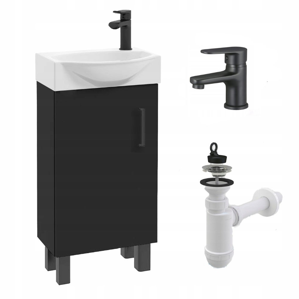 Szafka łazienkowa Stojąca 40 x 22 cm z Umywalką Czarna Matowa Bateria Mała