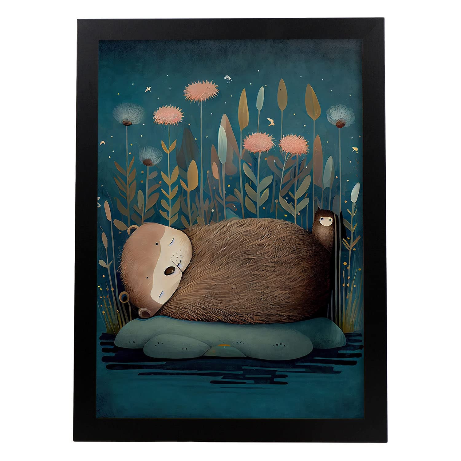 Nacnic poster de nutria de noche en estilo precisionismo ilustraciones infantiles a todo color de animalitos durmiendo a3 marco negro
