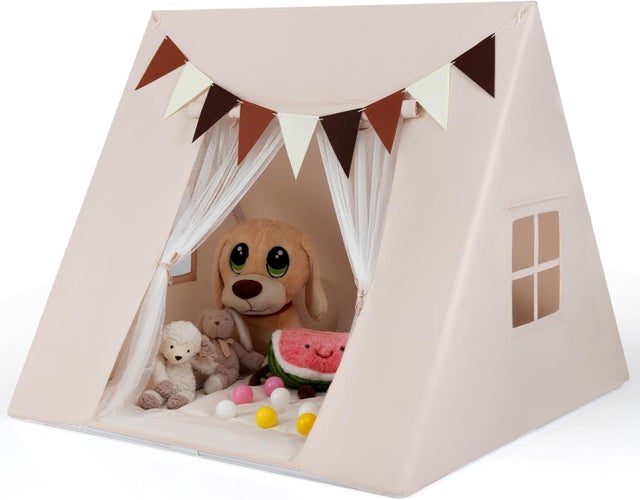 Tente Enfant Interieur, Cabane Enfant Interieure avec Tapis Rembourré et Rideaux, Drapeaux Colorés, Fenêtres