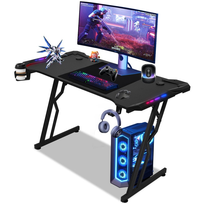 Biurko gamingowe 120*60 cm z oświetleniem LED, w kształcie litery Z, podstawka pod monitor, uchwyt na kubek, haczyk na słuchawki, kolor czarny