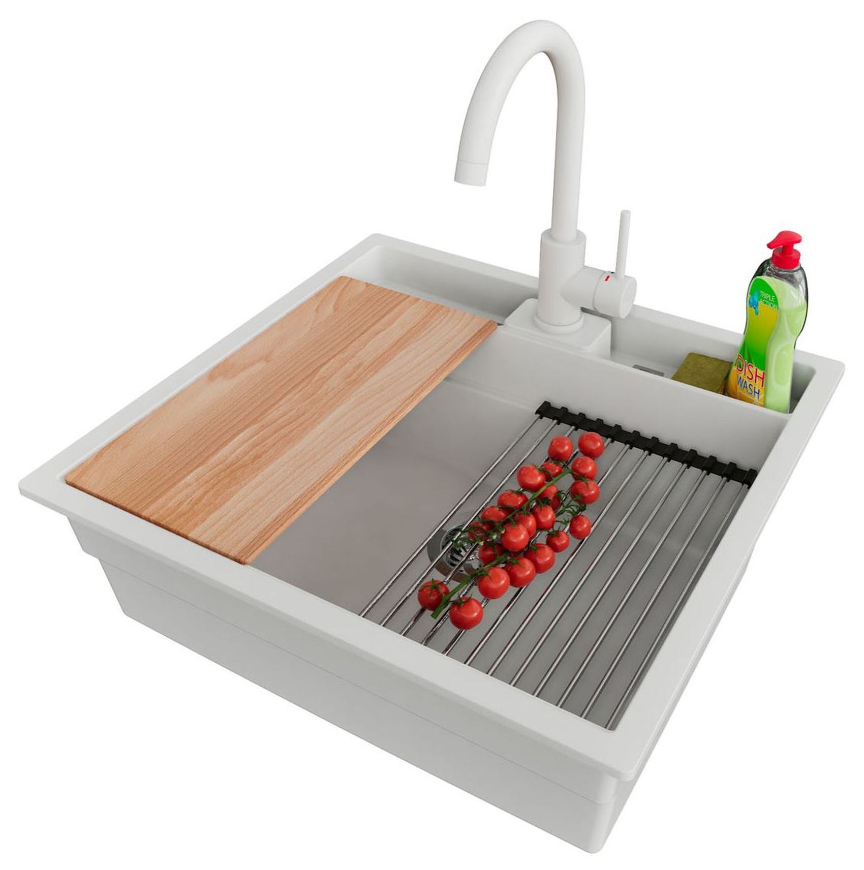 Zlewozmywak podblatowy Biały 56x54cm, Zlew Kuchenny 1 Komorowy + Bateria 32x20cm + Syfon + Akcesoria, do szafki od 60cm - Bergen Pocket PRIMAGRAN