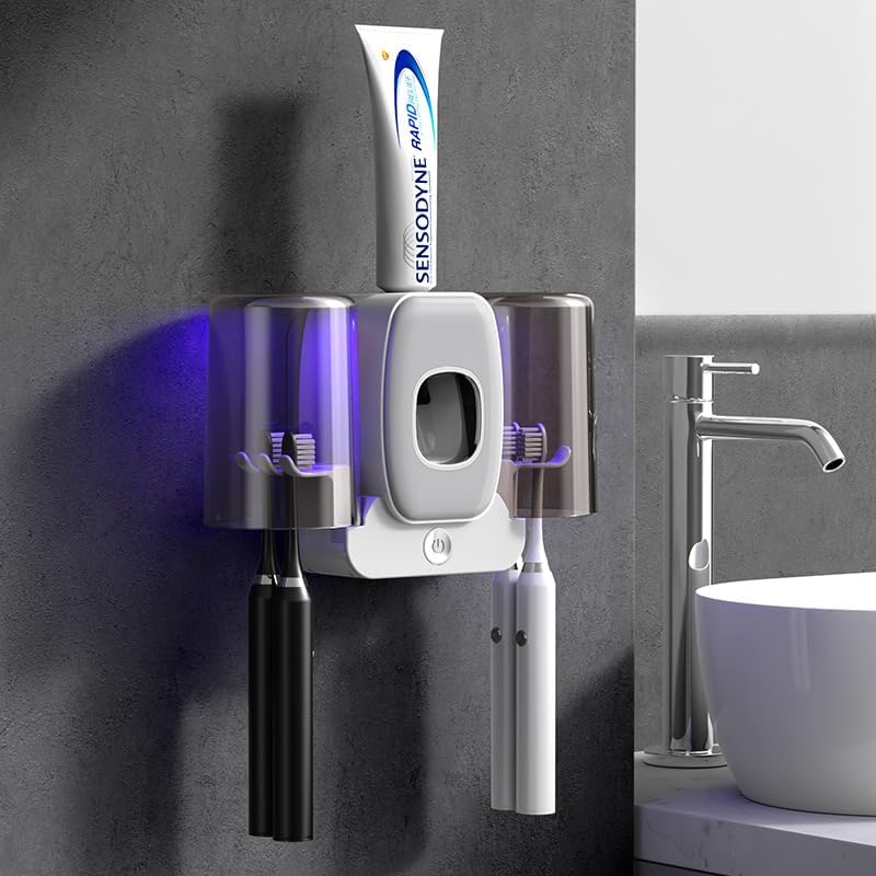 Porte-brosse à dents mural - Stérilisateur UV - Stérilisateur intelligent - Porte-brosse à dents adhésif - Presse-dentifrice automatique - Blanc - 2